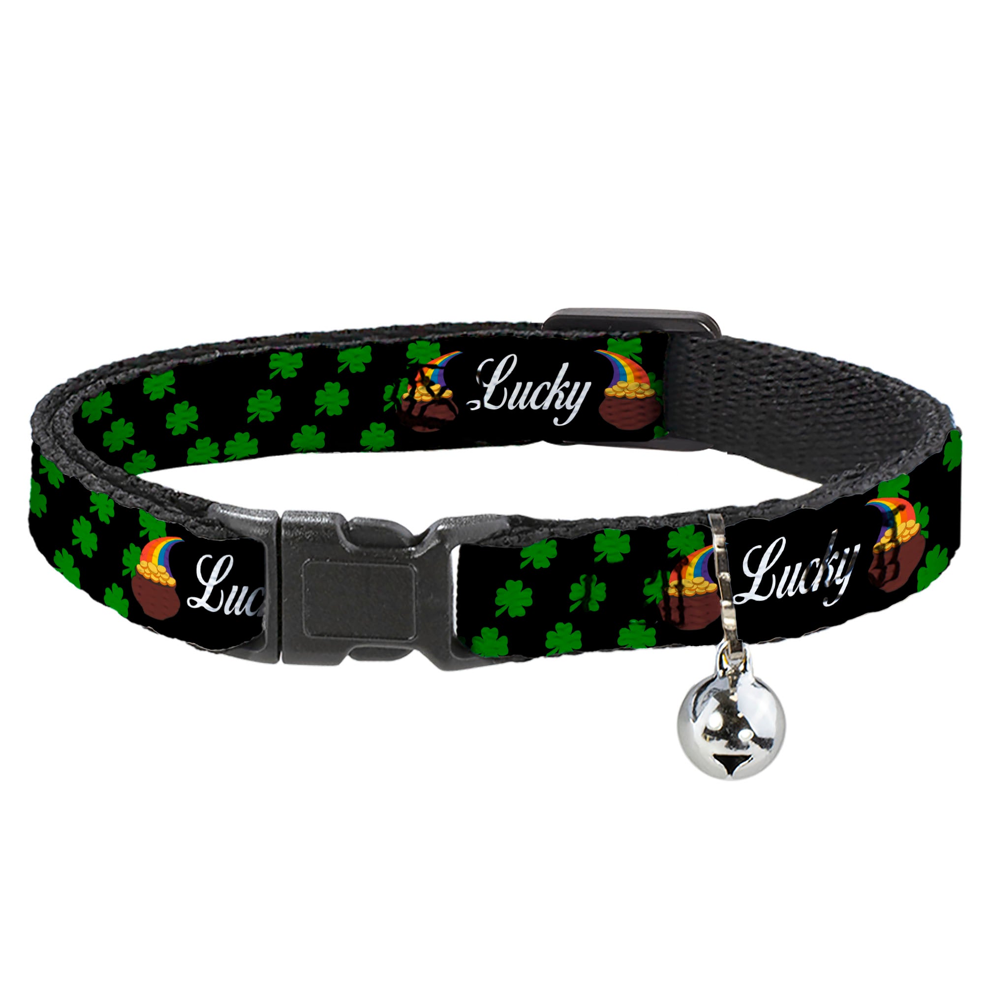 Cat Collar Breakaway - St. Pat's LUCKY Pot of Gold Shamrocks Scattered Black Green White Breakaway Cat Collars Buckle-Down