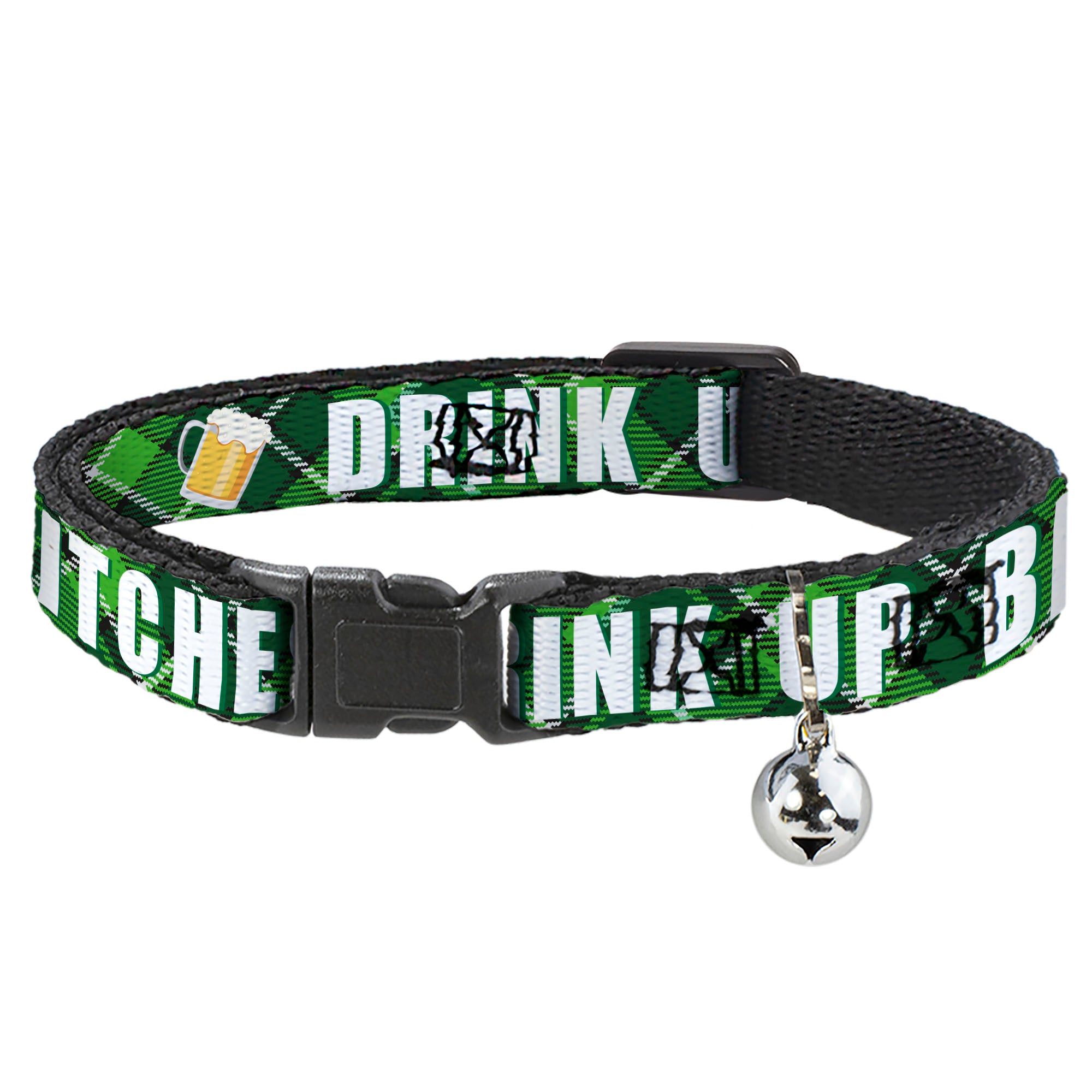 Cat Collar Breakaway - St. Pat's DRINK UP BITCHES Beer Mugs Stacked Shamrocks Greens White Gold Breakaway Cat Collars Buckle-Down