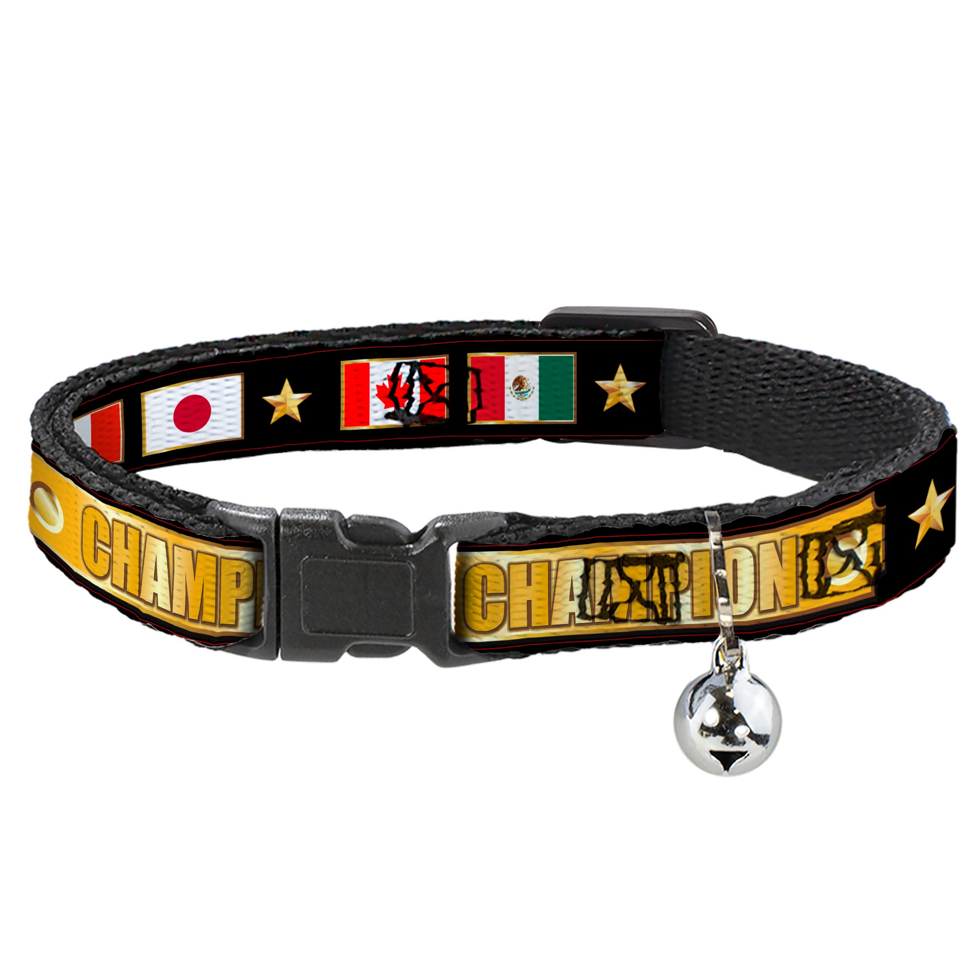 Cat Collar Breakaway - CHAMPION Belt Flags Stars Black Golds Breakaway Cat Collars Buckle-Down