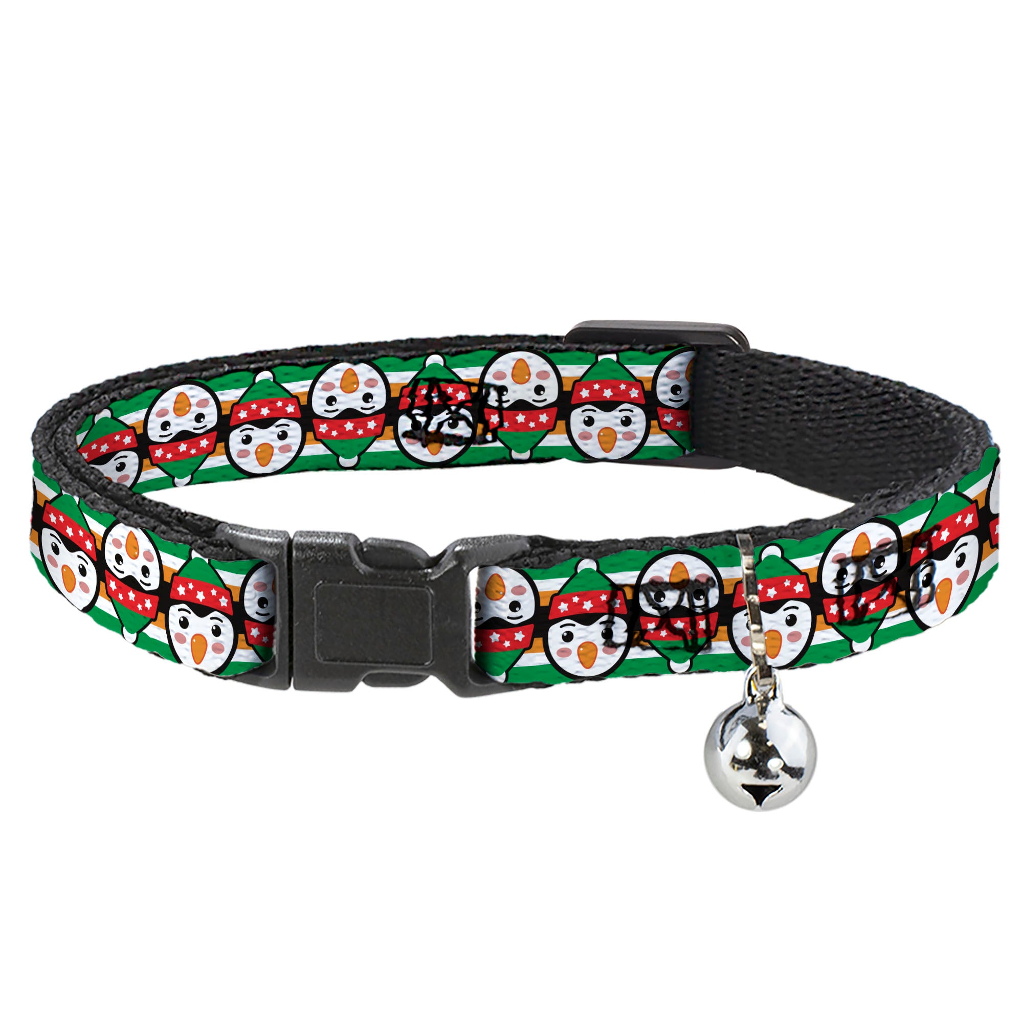 Cat Collar Breakaway - Christmas Penguin Flip Stripe Green White Orange Black Breakaway Cat Collars Buckle-Down