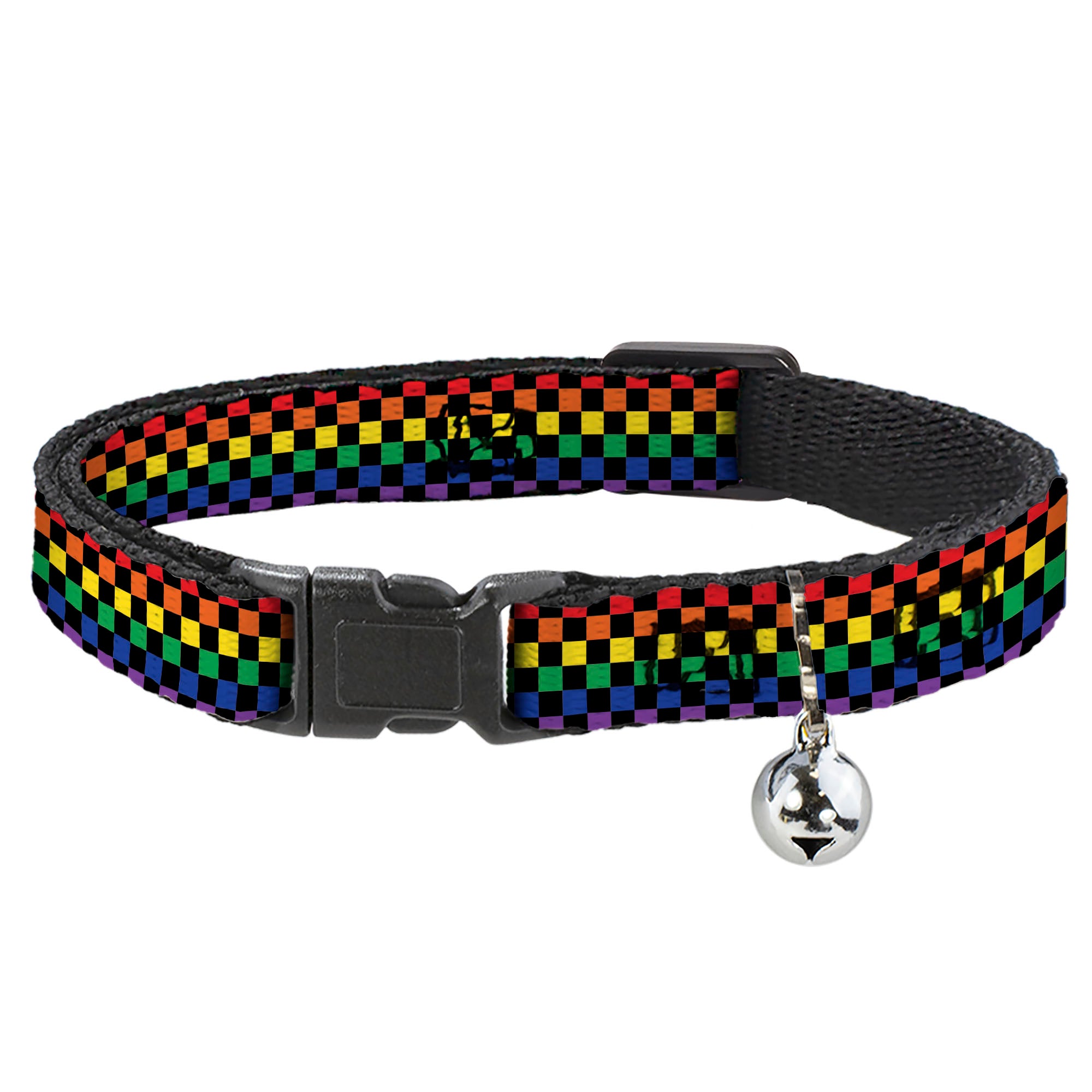 Cat Collar Breakaway with Bell - Checker Black Rainbow Multi Color - NARROW Fits 8.5-12" Breakaway Cat Collars Buckle-Down