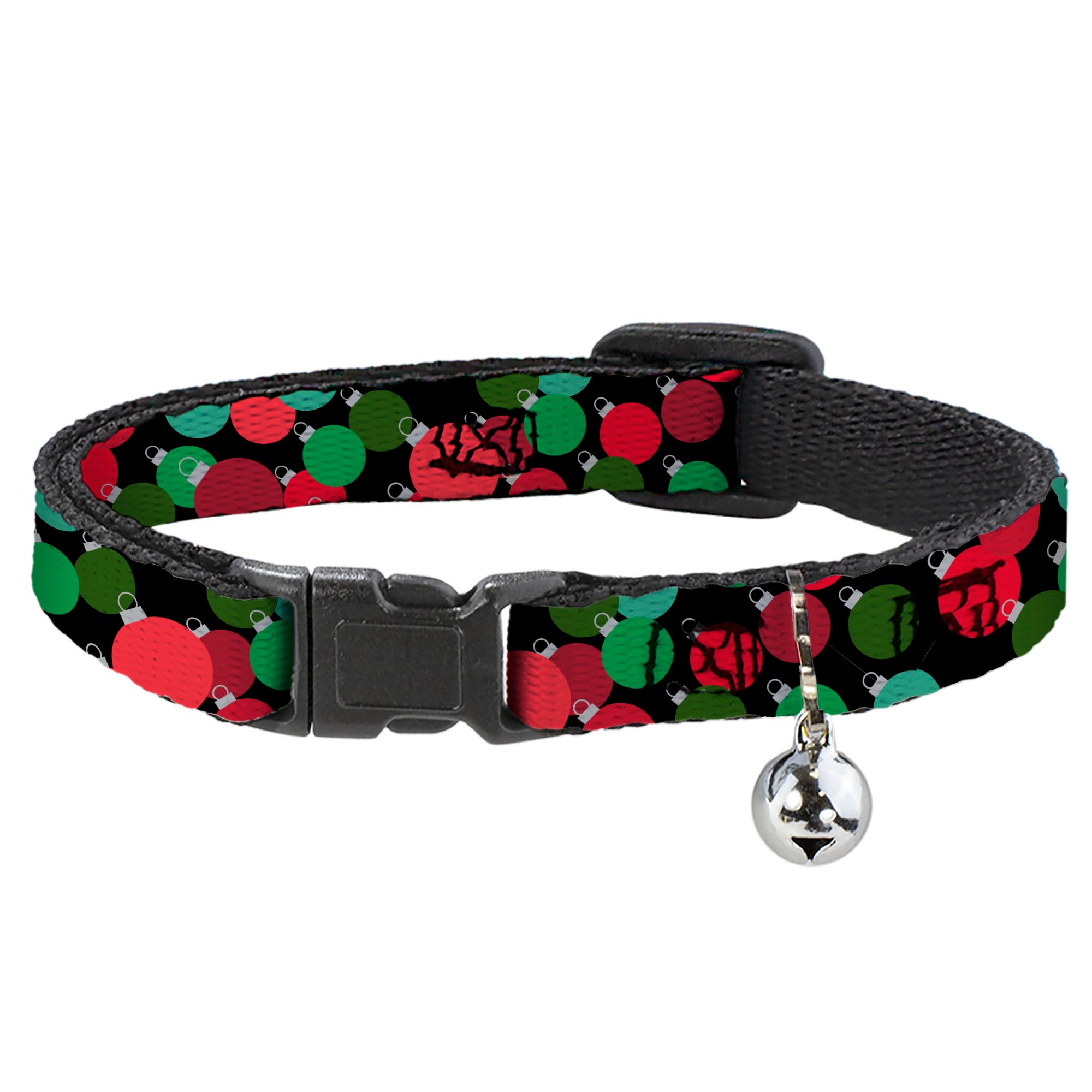 Breakaway Cat Collar with Bell - Christmas Holiday Globe Ball Ornaments Stacked Black/Reds/Greens Breakaway Cat Collars Buckle-Down