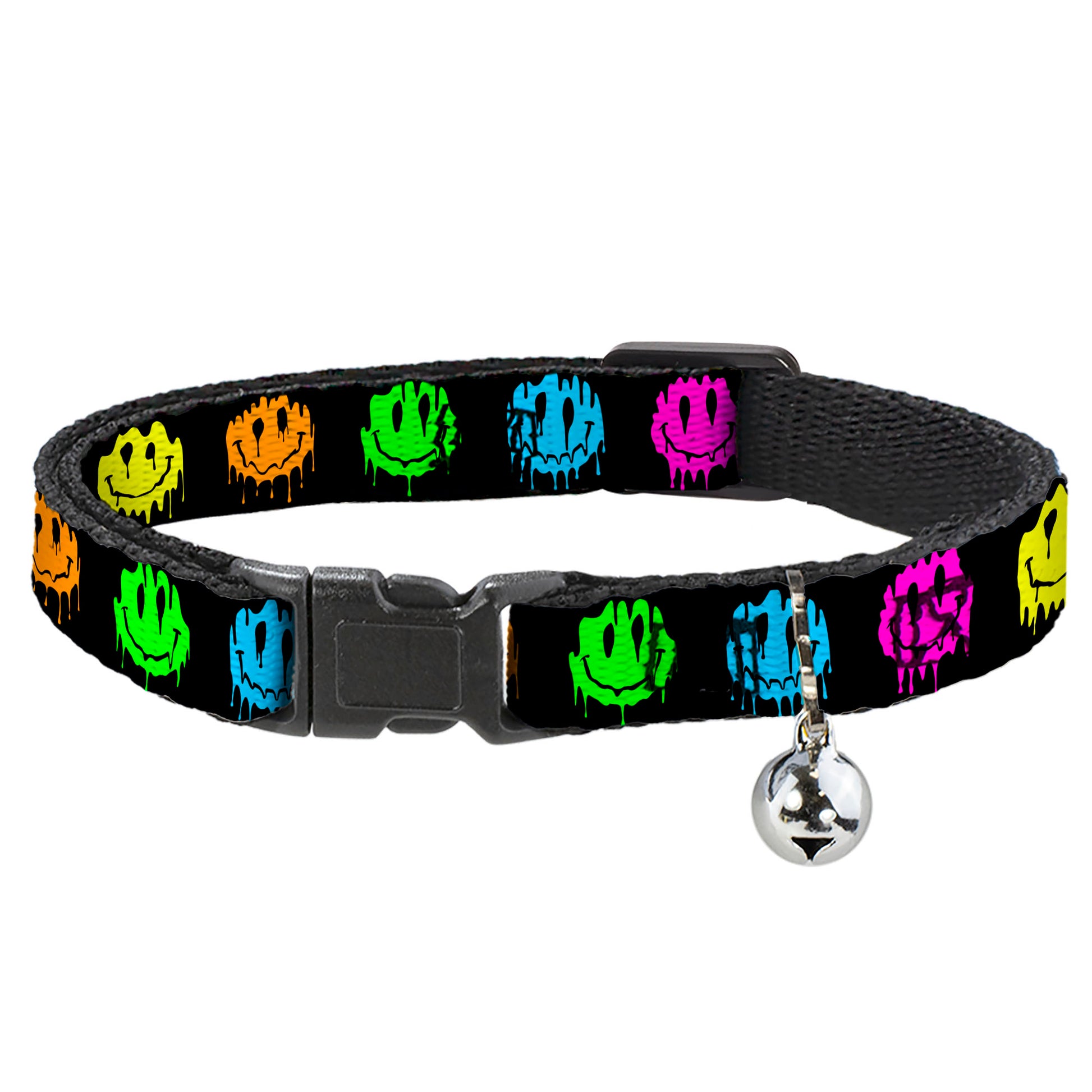 Cat Collar Breakaway with Bell - Smiley Face Melted Repeat Black Multi Neon Breakaway Cat Collars Buckle-Down