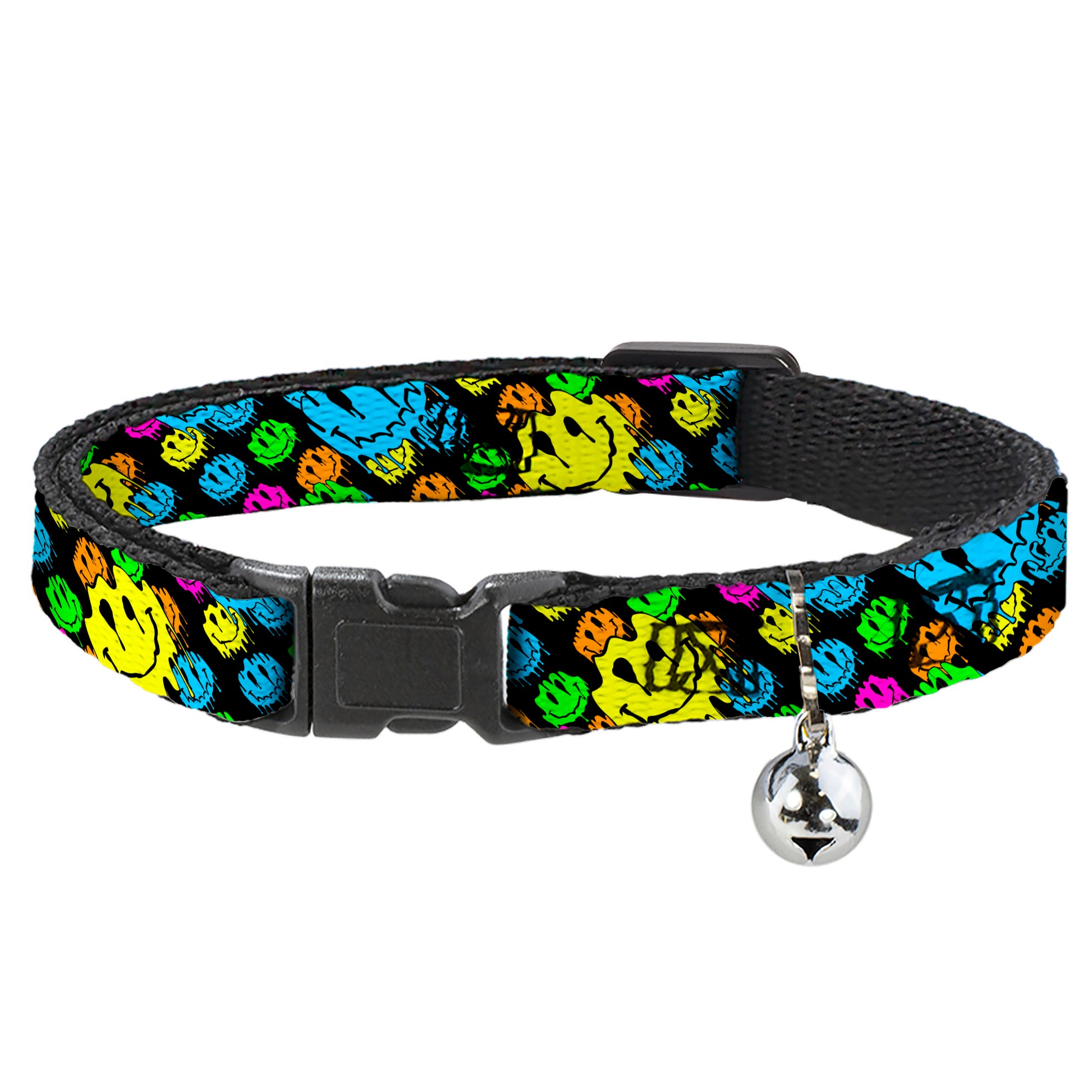 Cat Collar Breakaway with Bell - Smiley Faces Melted Stacked Black Multi Neon Breakaway Cat Collars Buckle-Down