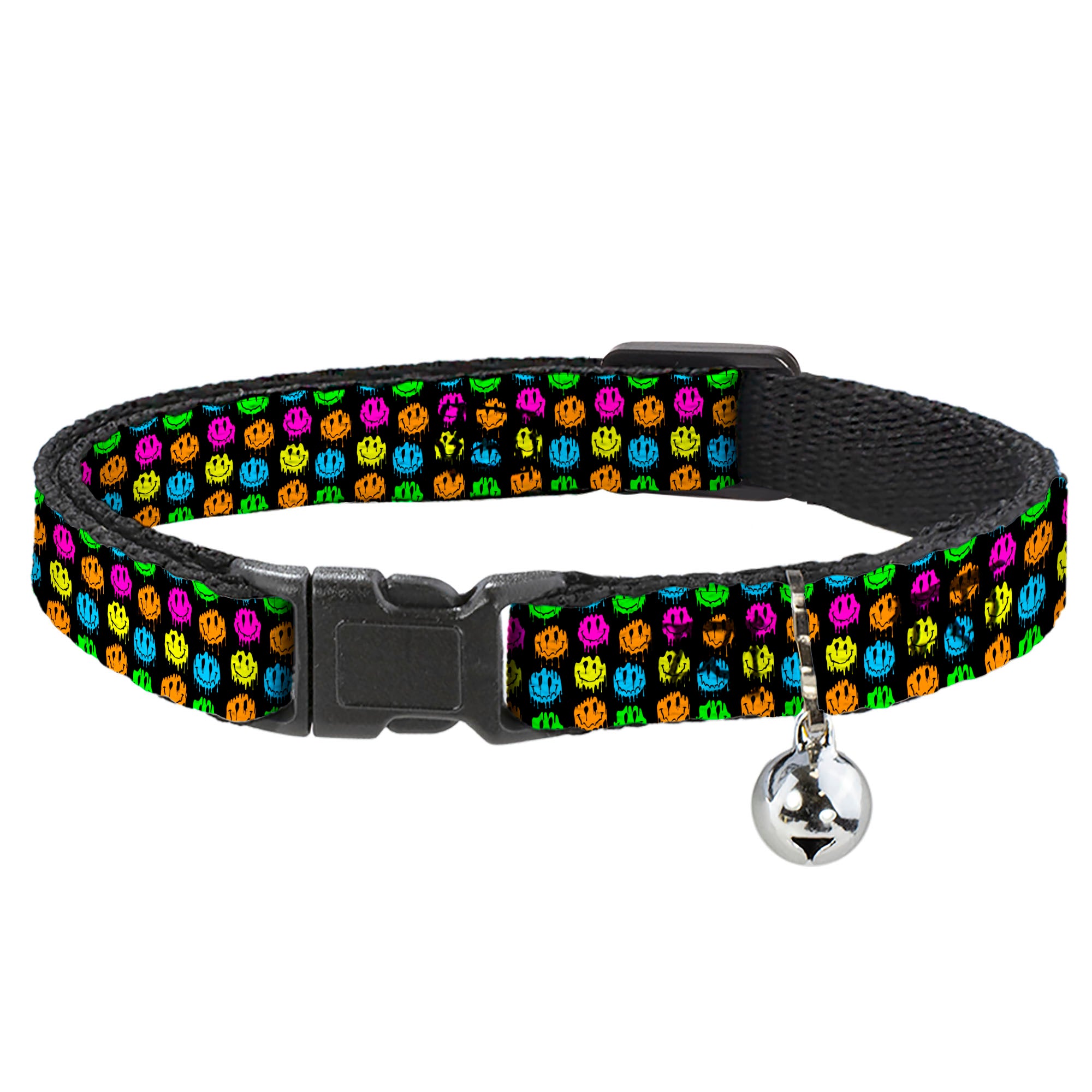 Cat Collar Breakaway with Bell - Smiley Faces Melted Mini Repeat Black Multi Neon Breakaway Cat Collars Buckle-Down
