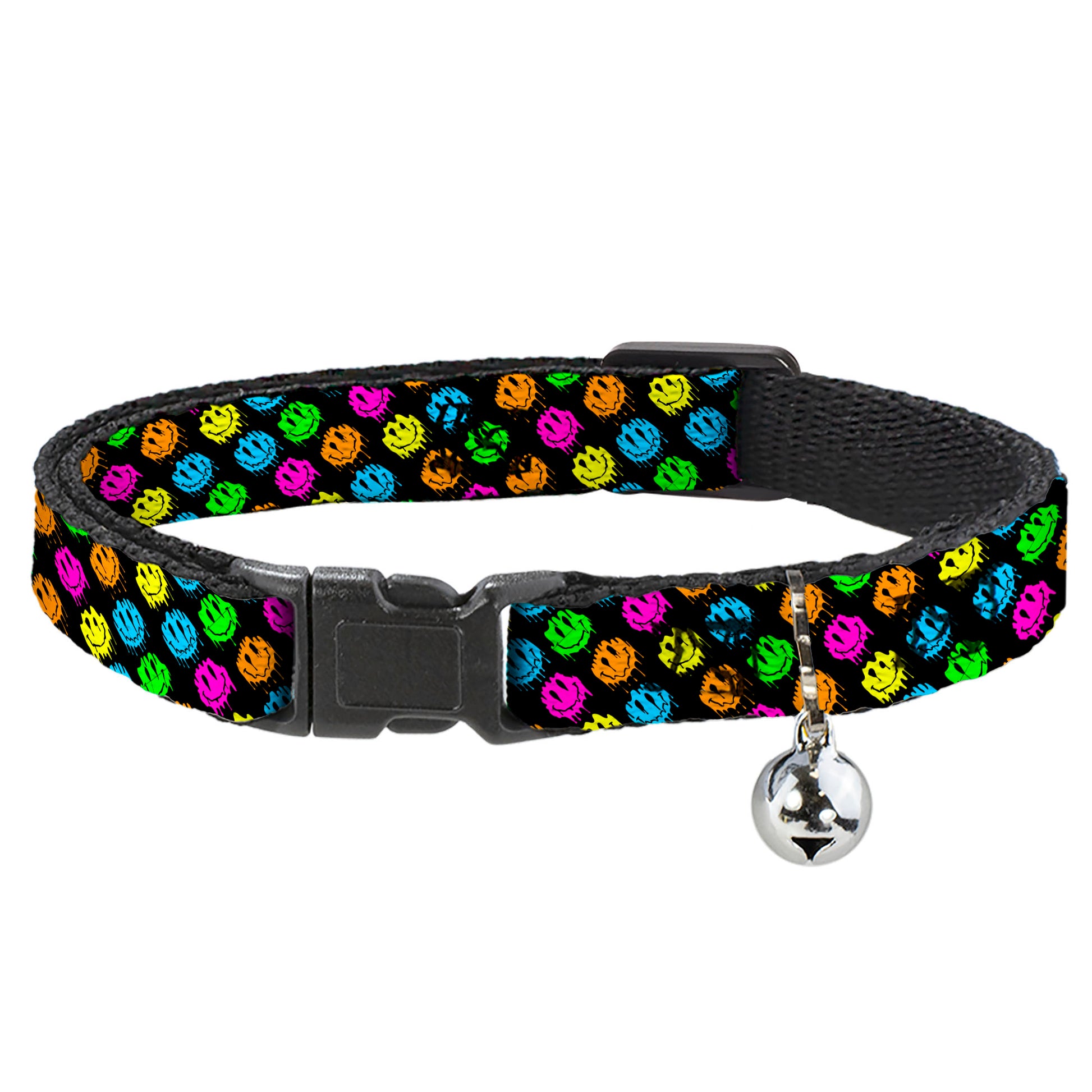Cat Collar Breakaway with Bell - Smiley Faces Melted Mini Repeat Angle Black Multi Neon Breakaway Cat Collars Buckle-Down