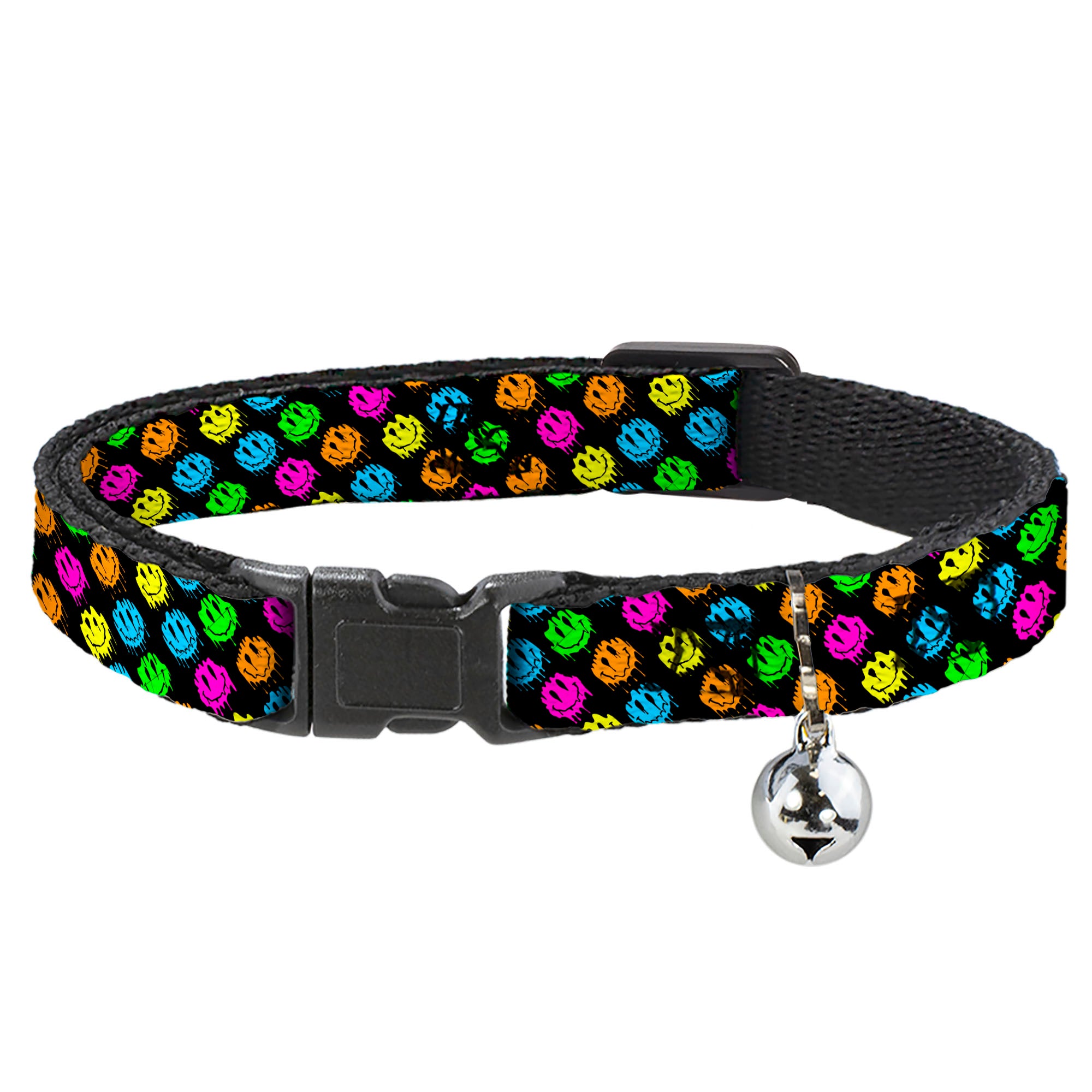 Cat Collar Breakaway with Bell - Smiley Faces Melted Mini Repeat Angle Black Multi Neon Breakaway Cat Collars Buckle-Down