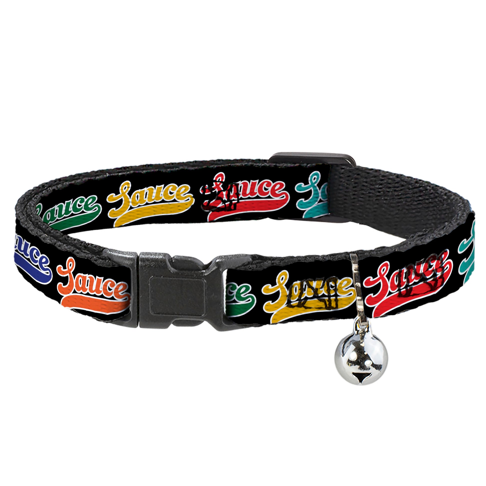 Breakaway Cat Collar with Bell - SAUCE Baseball Script Black/Multi Color Breakaway Cat Collars Buckle-Down