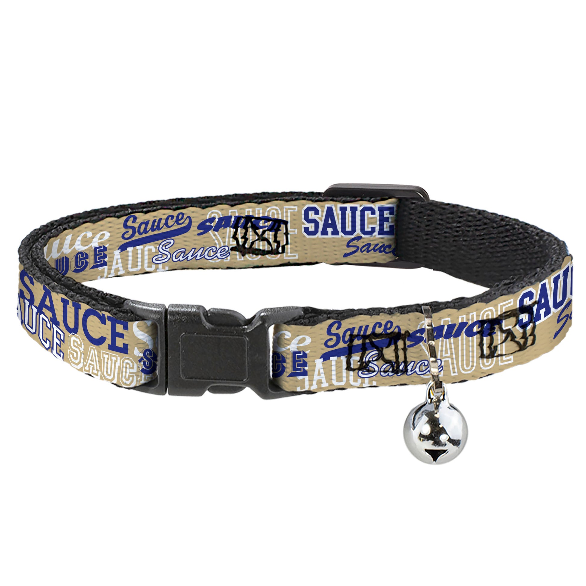 Breakaway Cat Collar with Bell - SAUCE Typography Collage Tan/White/Blue Breakaway Cat Collars Buckle-Down