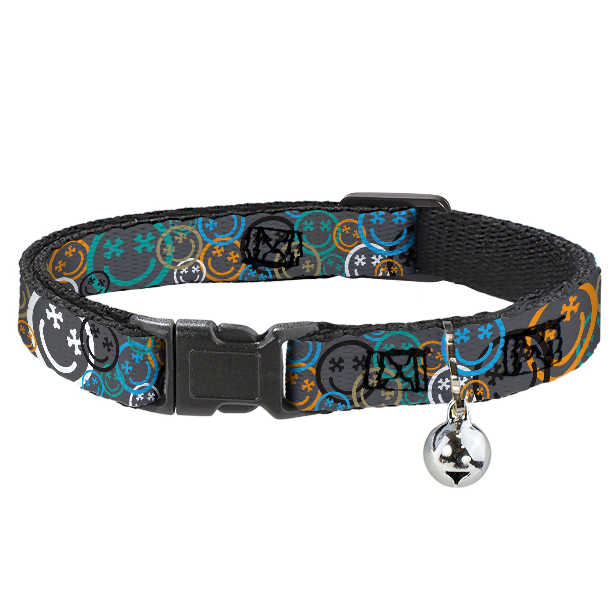 Breakaway Cat Collar with Bell - Smiley Face Crossbones Stacked Gray/Multi Color Breakaway Cat Collars Buckle-Down