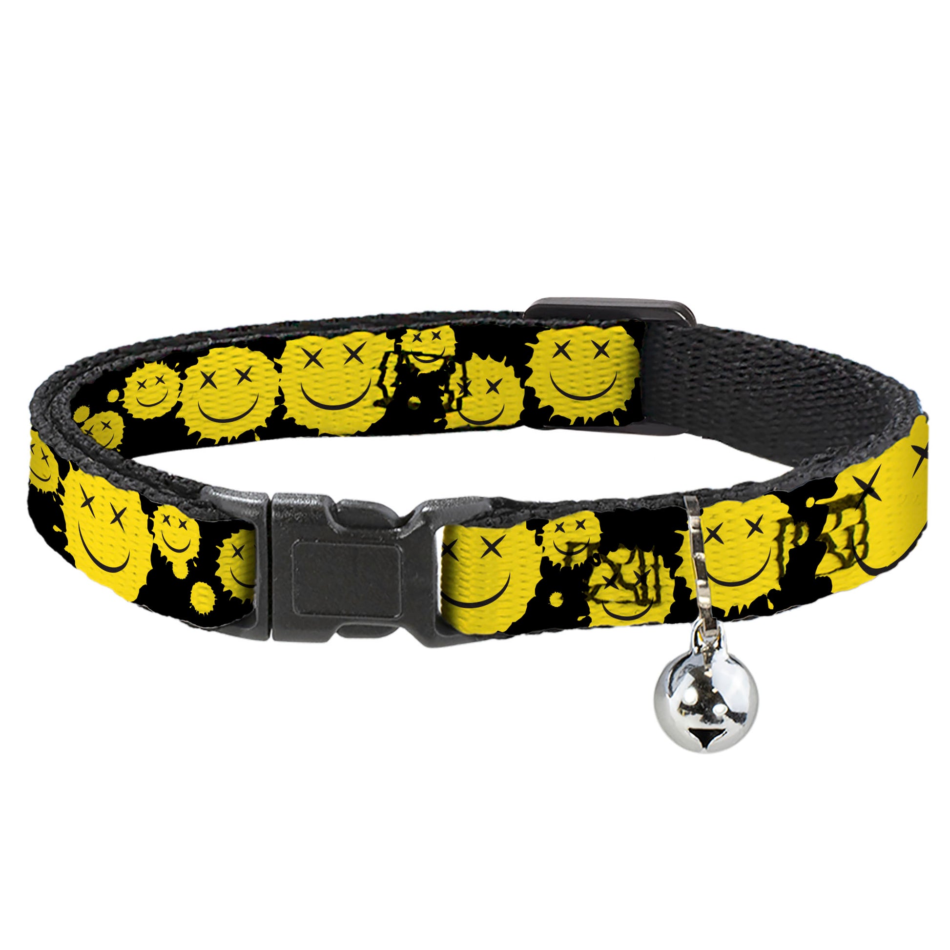 Breakaway Cat Collar with Bell - Smiley Face Splatter Scattered Black/Yellow Breakaway Cat Collars Buckle-Down