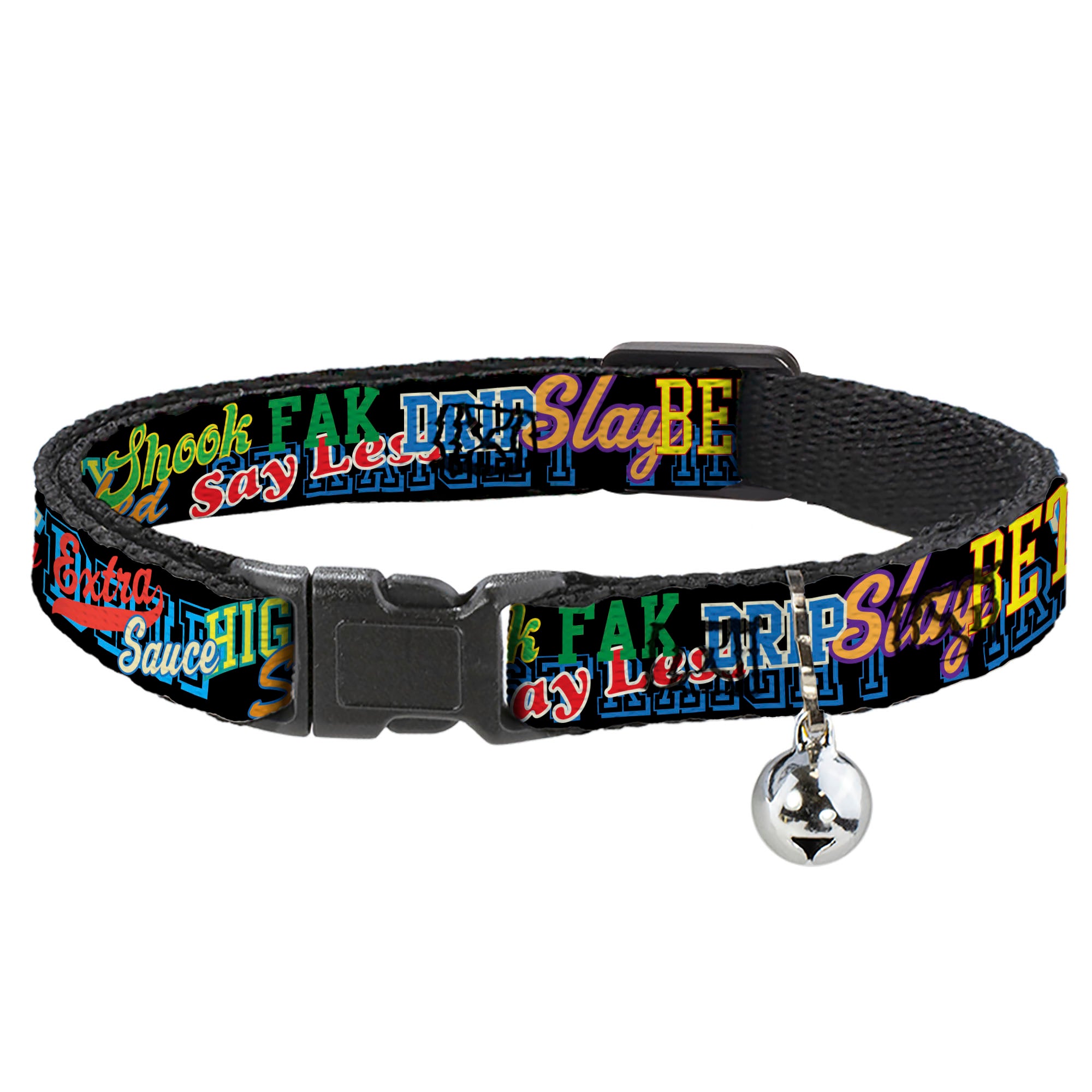 Breakaway Cat Collar with Bell - Slang Verbiage Stacked Black/Multi Color Breakaway Cat Collars Buckle-Down