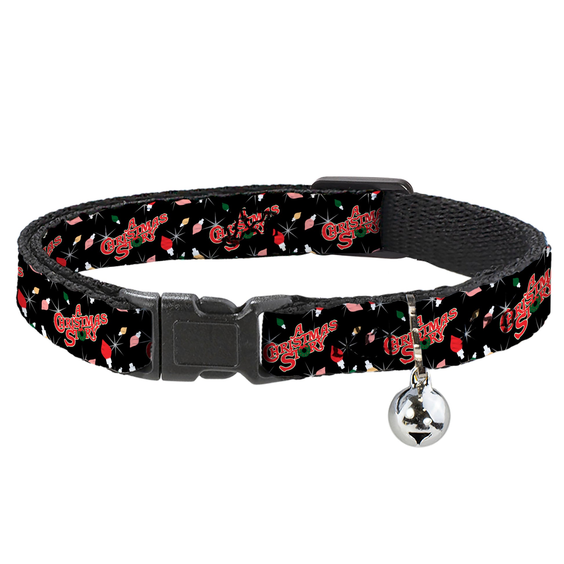 Cat Collar Breakaway with Bell - A CHRISTMAS STORY Title Logo and Lights Black Reds Breakaway Cat Collars A Christmas Story