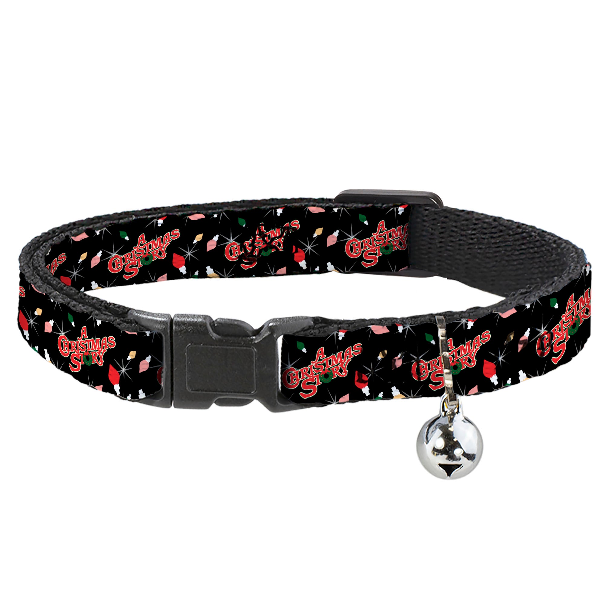 Cat Collar Breakaway with Bell - A CHRISTMAS STORY Title Logo and Lights Black Reds Breakaway Cat Collars A Christmas Story