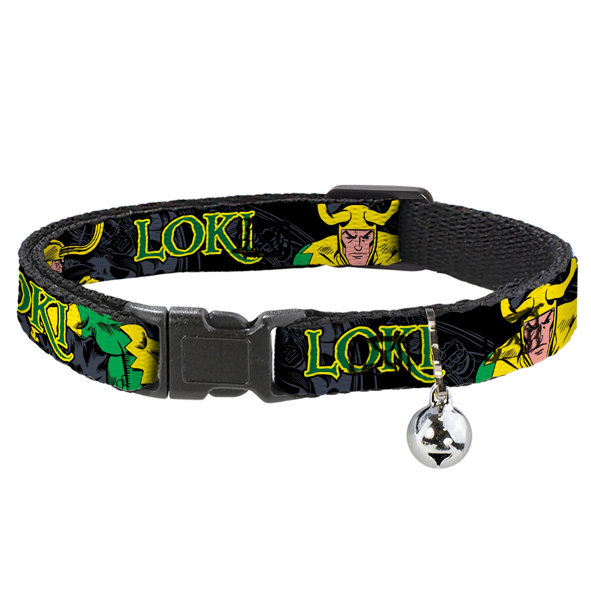 Cat Collar Breakaway - LOKI in Action Black Gray Yellow Green Breakaway Cat Collars Marvel Comics