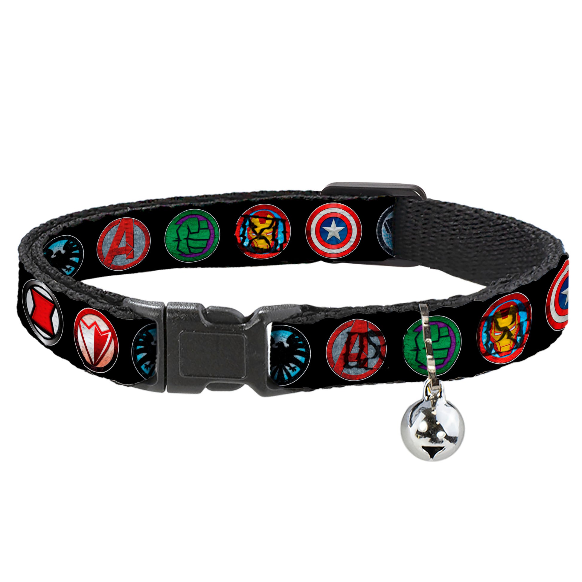 MARVEL AVENGERS Cat Collar Breakaway - 9-Avenger Icons Black Multi Color Breakaway Cat Collars Marvel Comics