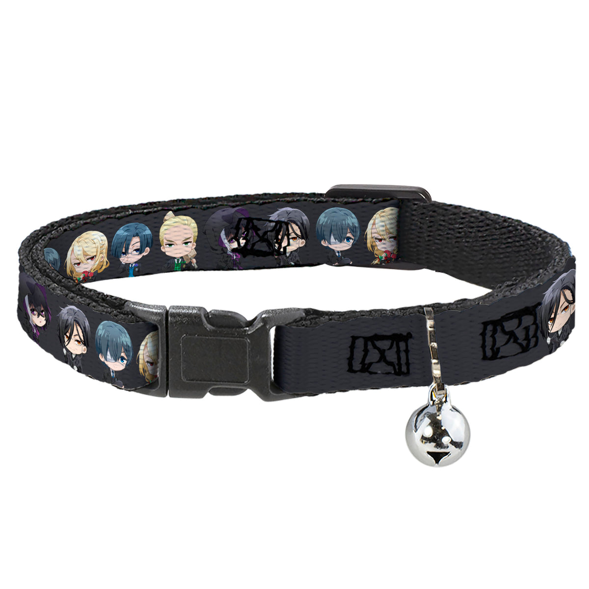 Breakaway Cat Collar with Bell - Black Butler Six Chibi Characters Poses Black Cat Collars Breakaway Side Release Black Butler