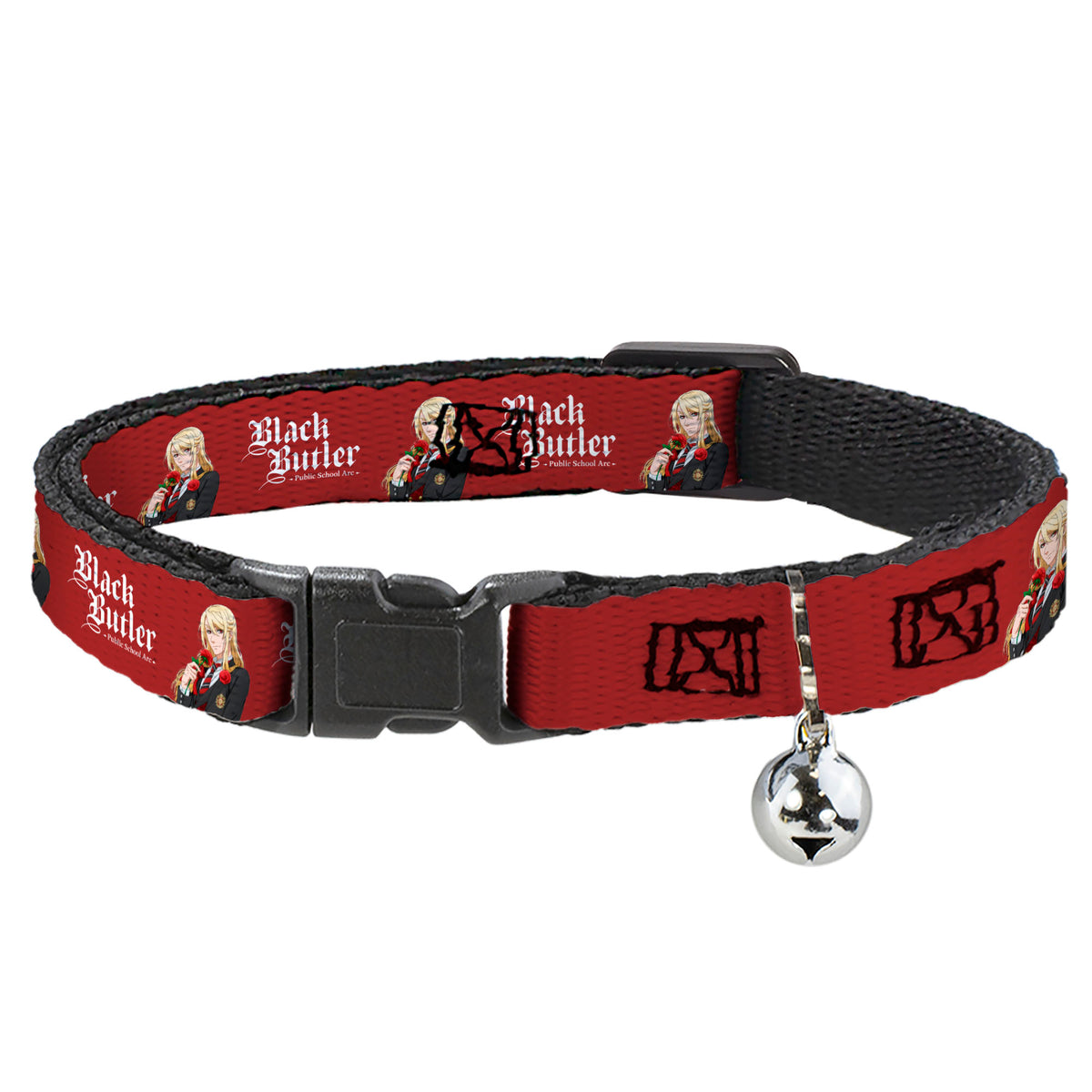 Breakaway Cat Collar with Bell - BLACK BUTLER Edgar Redmond Pose and Title Logo Red Cat Collars Breakaway Side Release Black Butler