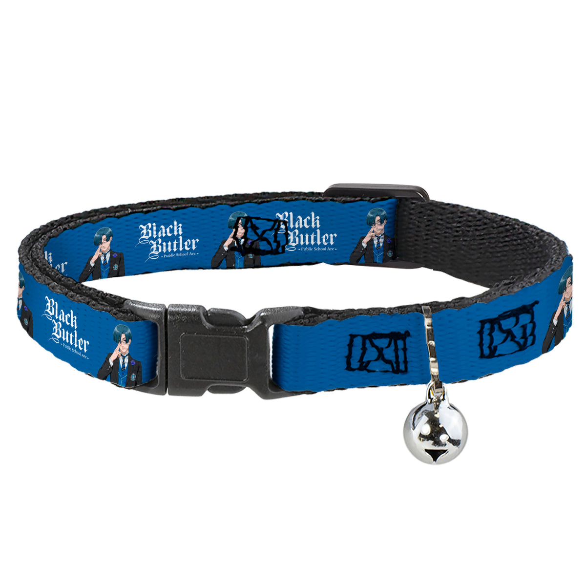 Breakaway Cat Collar with Bell - BLACK BUTLER Lawrence Bluewer Pose and Title Logo Blue Cat Collars Breakaway Side Release Black Butler