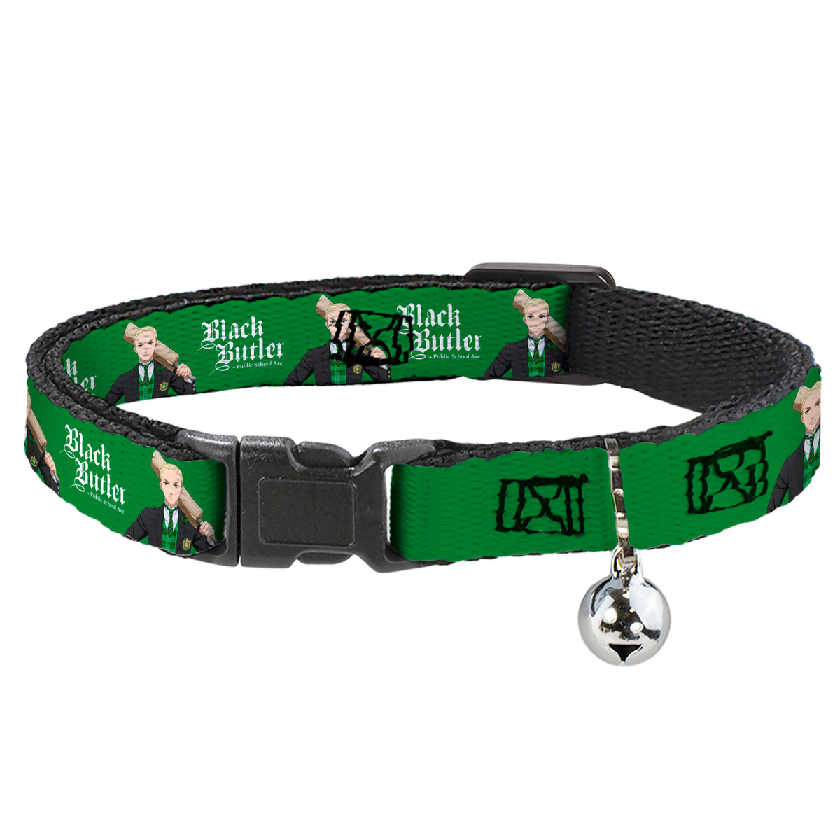 Breakaway Cat Collar with Bell - BLACK BUTLER Herman Greenhill Pose and Title Logo Green Cat Collars Breakaway Side Release Black Butler