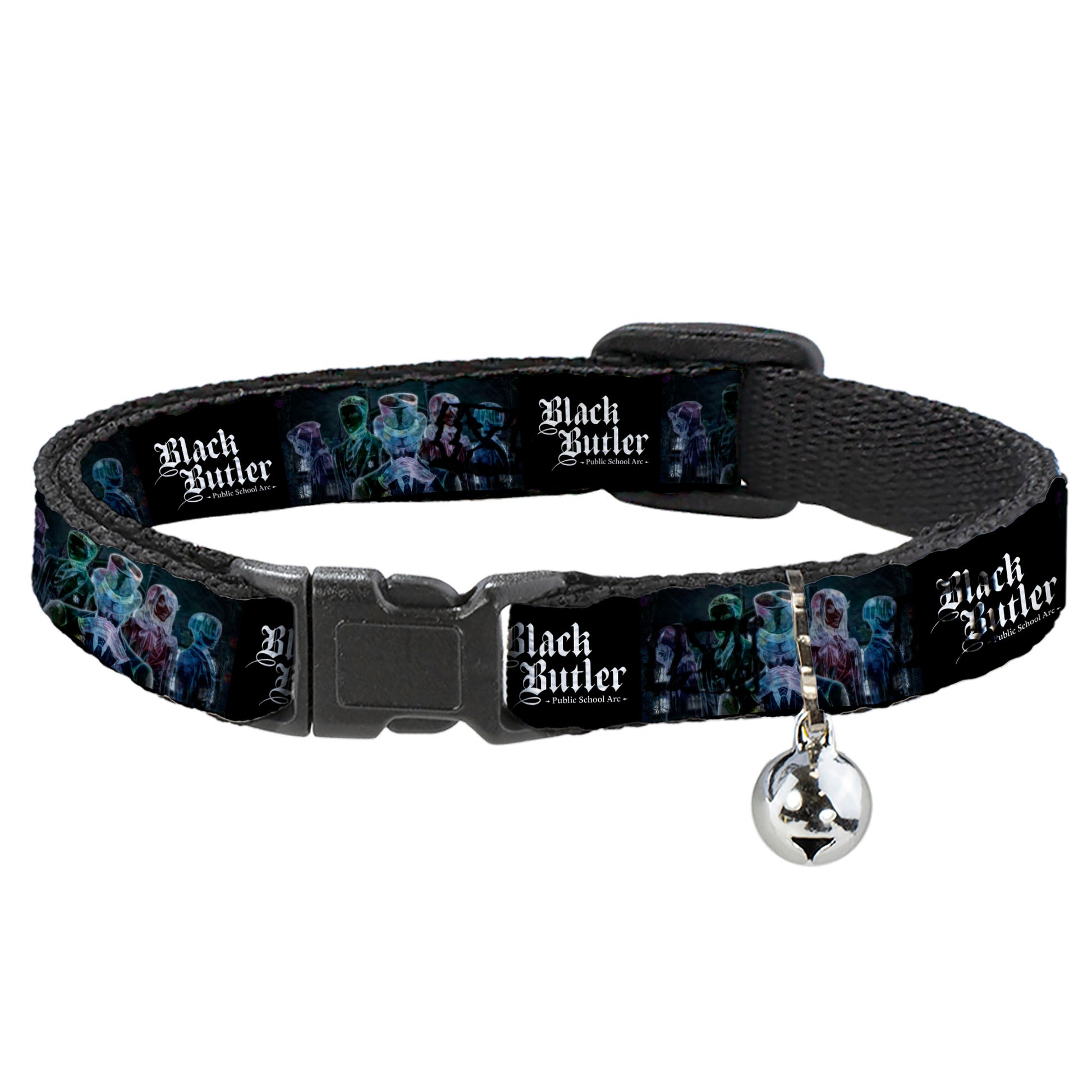 Breakaway Cat Collar with Bell - BLACK BUTLER Five Character Group Pose and Title Logo Black Breakaway Cat Collars Black Butler
