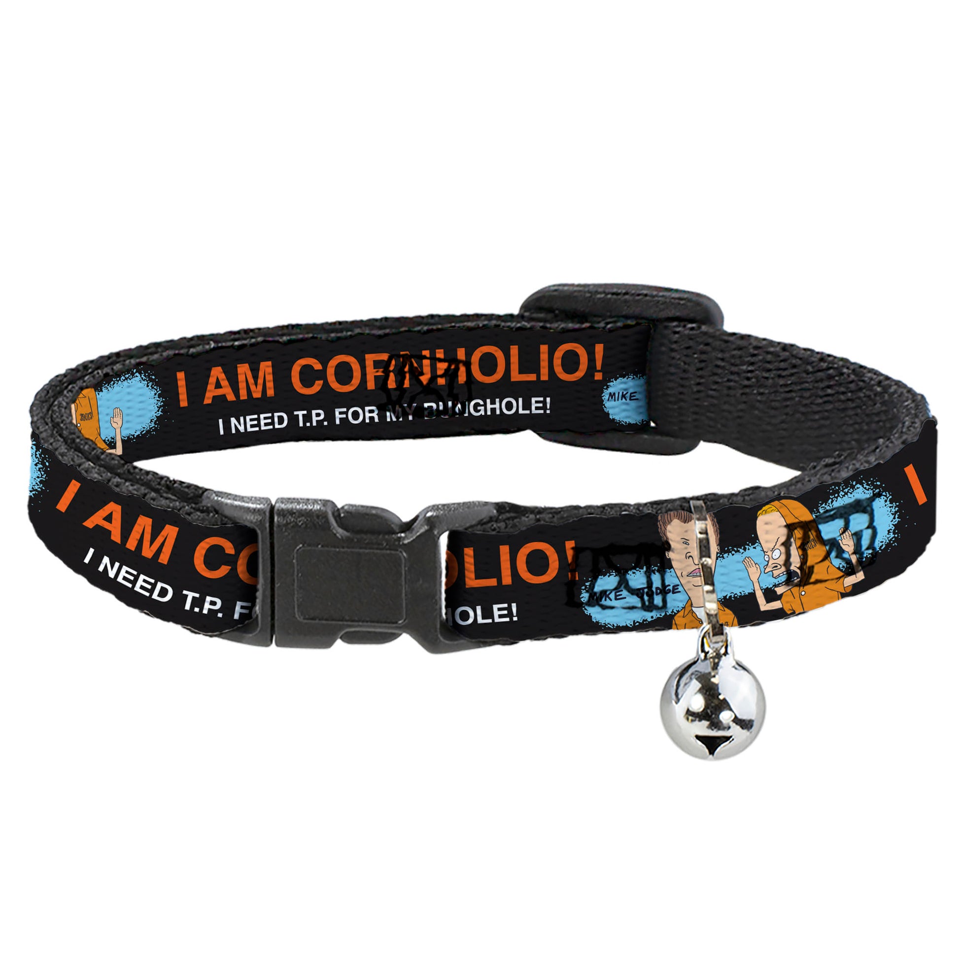 Breakaway Cat Collar with Bell - Beavis and Butt-Head I AM CORNHOLIO Pose Black/Orange/White Breakaway Cat Collars MTV   