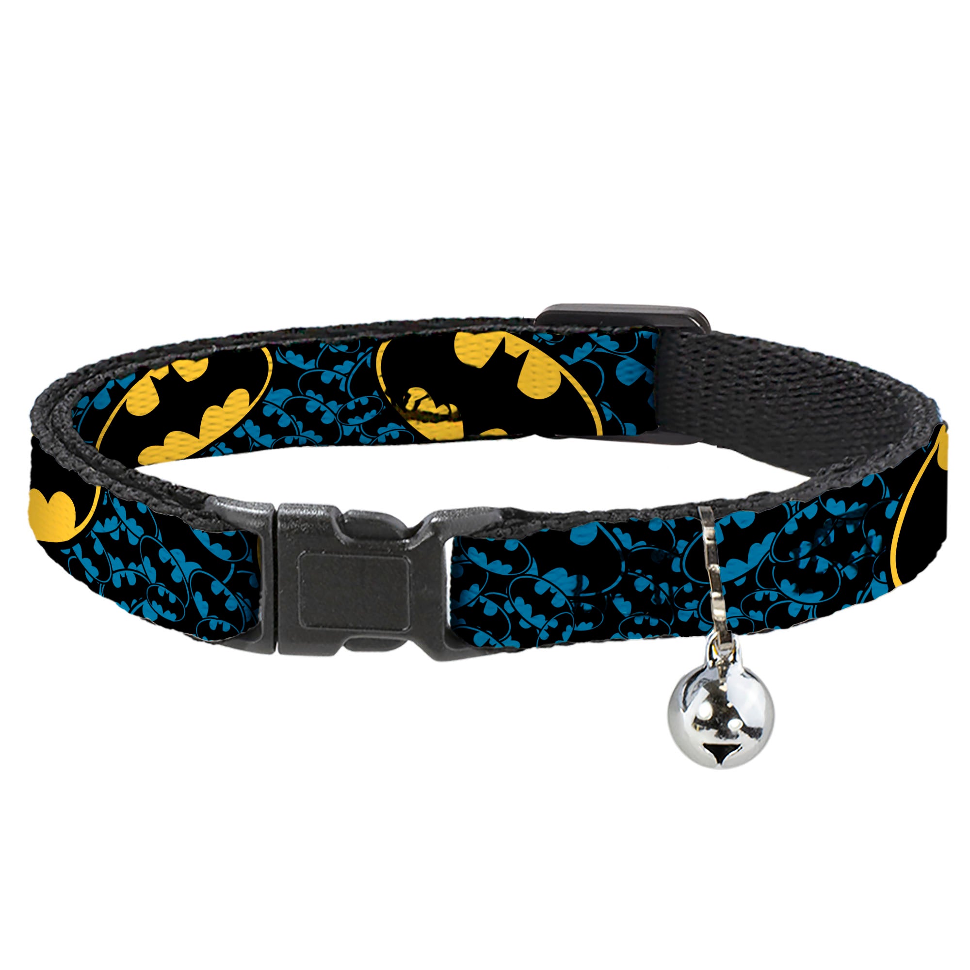 Breakaway Cat Collar with Bell - Bat Signals Stacked w/CLOSE-UP Blue/Black/Yellow Breakaway Cat Collars DC Comics