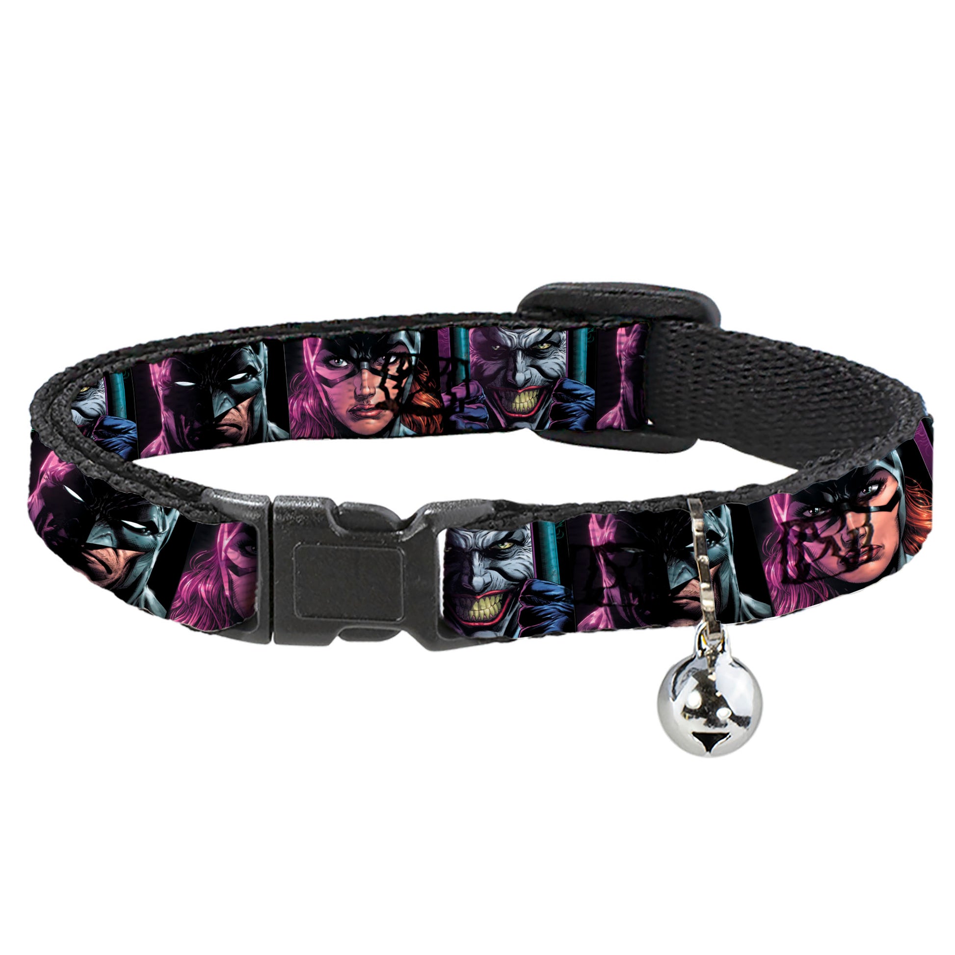 Breakaway Cat Collar with Bell - Batman Batgirl and Joker Comic Book Cover Face Close-Ups Black Breakaway Cat Collars DC Comics   