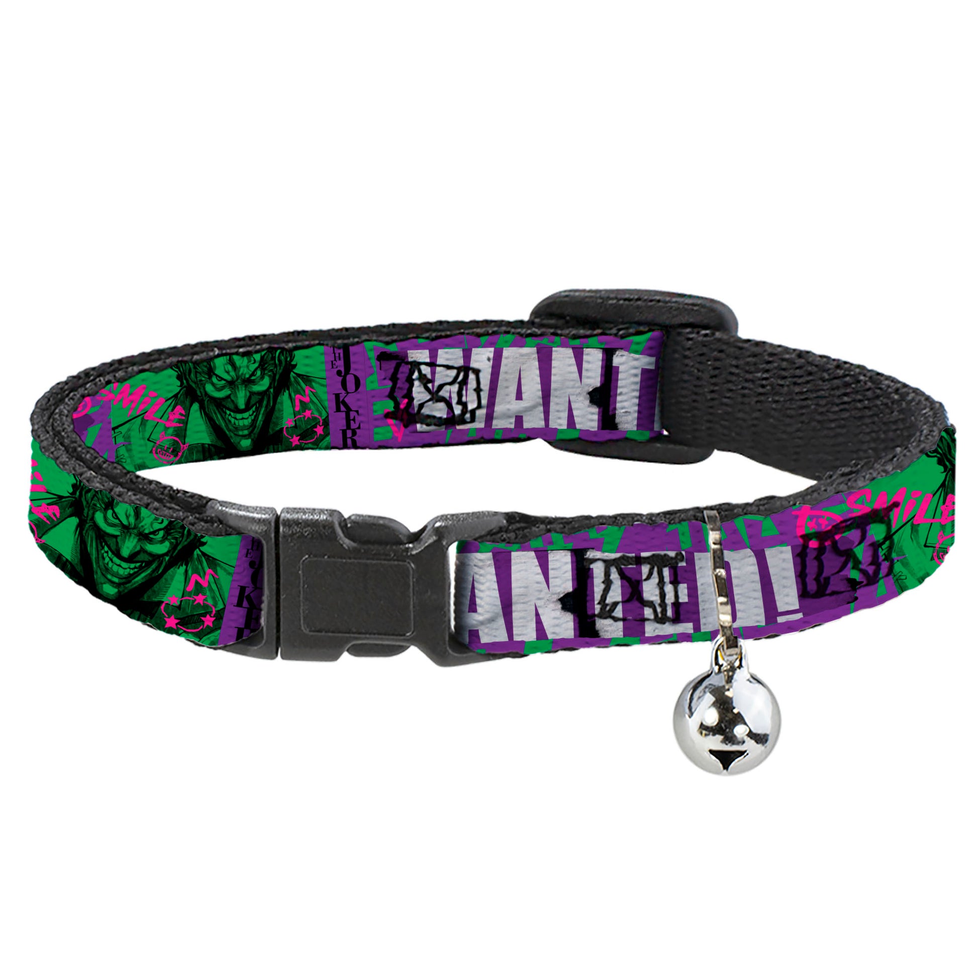 Breakaway Cat Collar with Bell - THE JOKER WANTED Smiling Pose and Graffiti Purples/Greens Breakaway Cat Collars DC Comics   