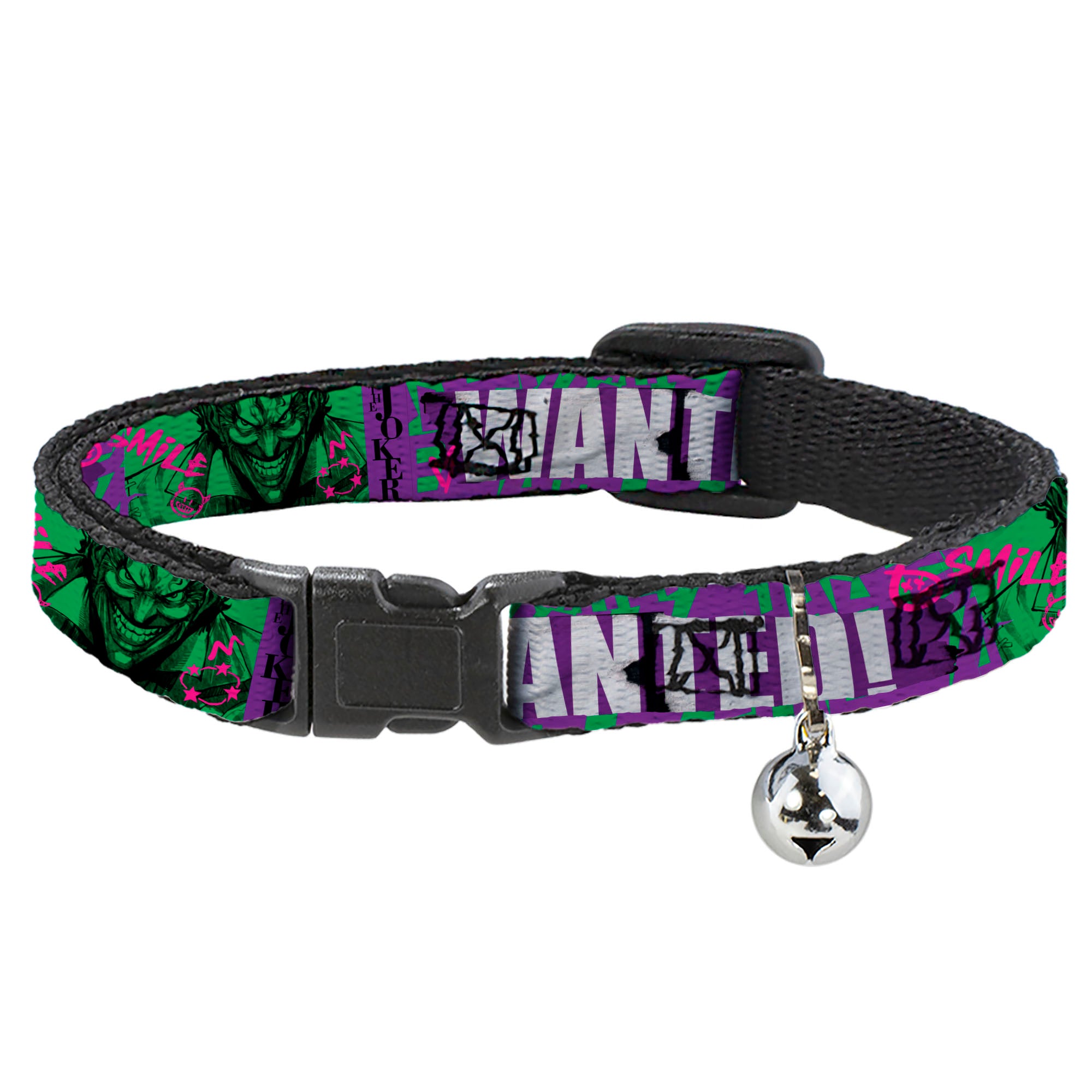 Breakaway Cat Collar with Bell - THE JOKER WANTED Smiling Pose and Graffiti Purples/Greens Breakaway Cat Collars DC Comics   