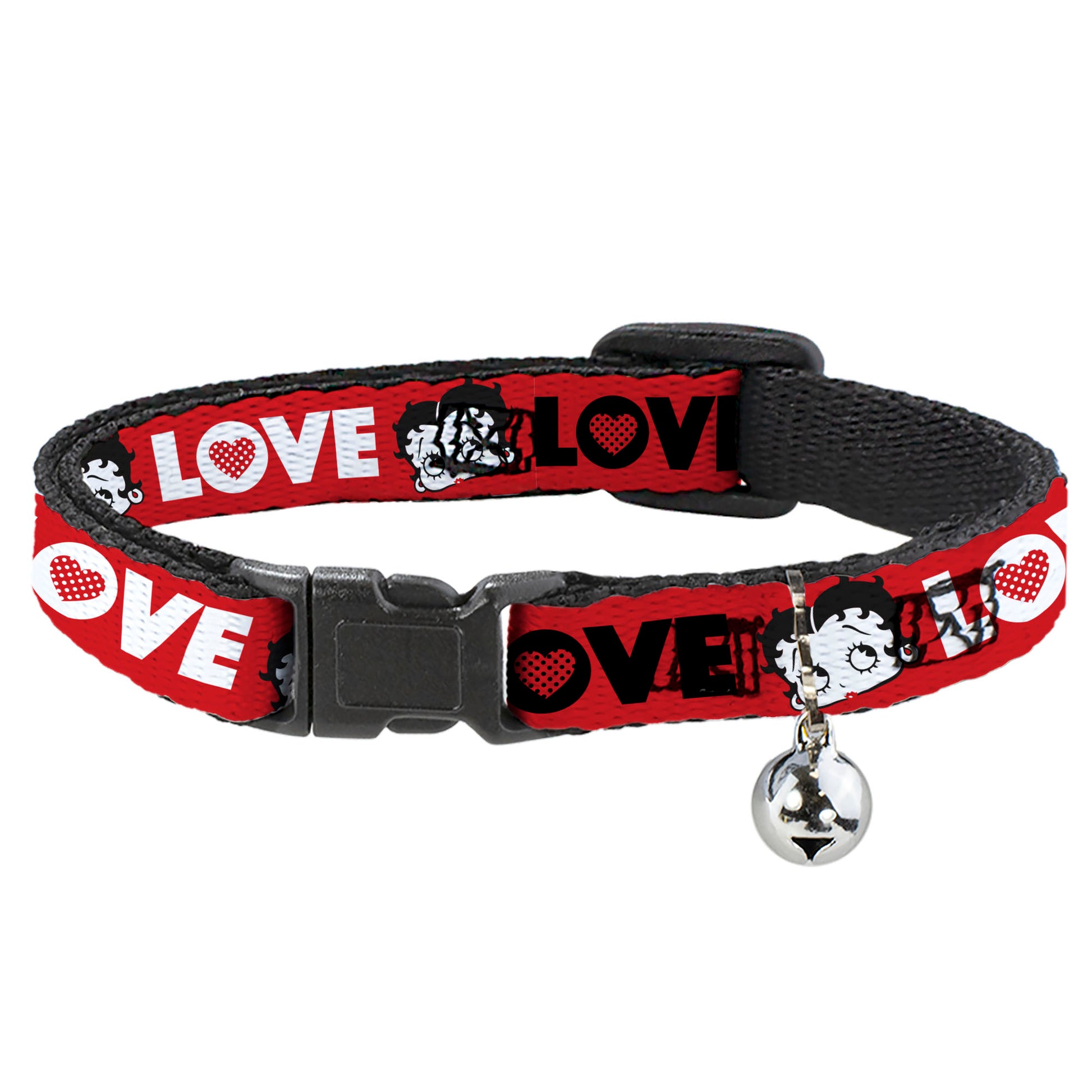 Breakaway Cat Collar with Bell - Betty Boop Face and LOVE Text Red/Black/White Breakaway Cat Collars Betty Boop