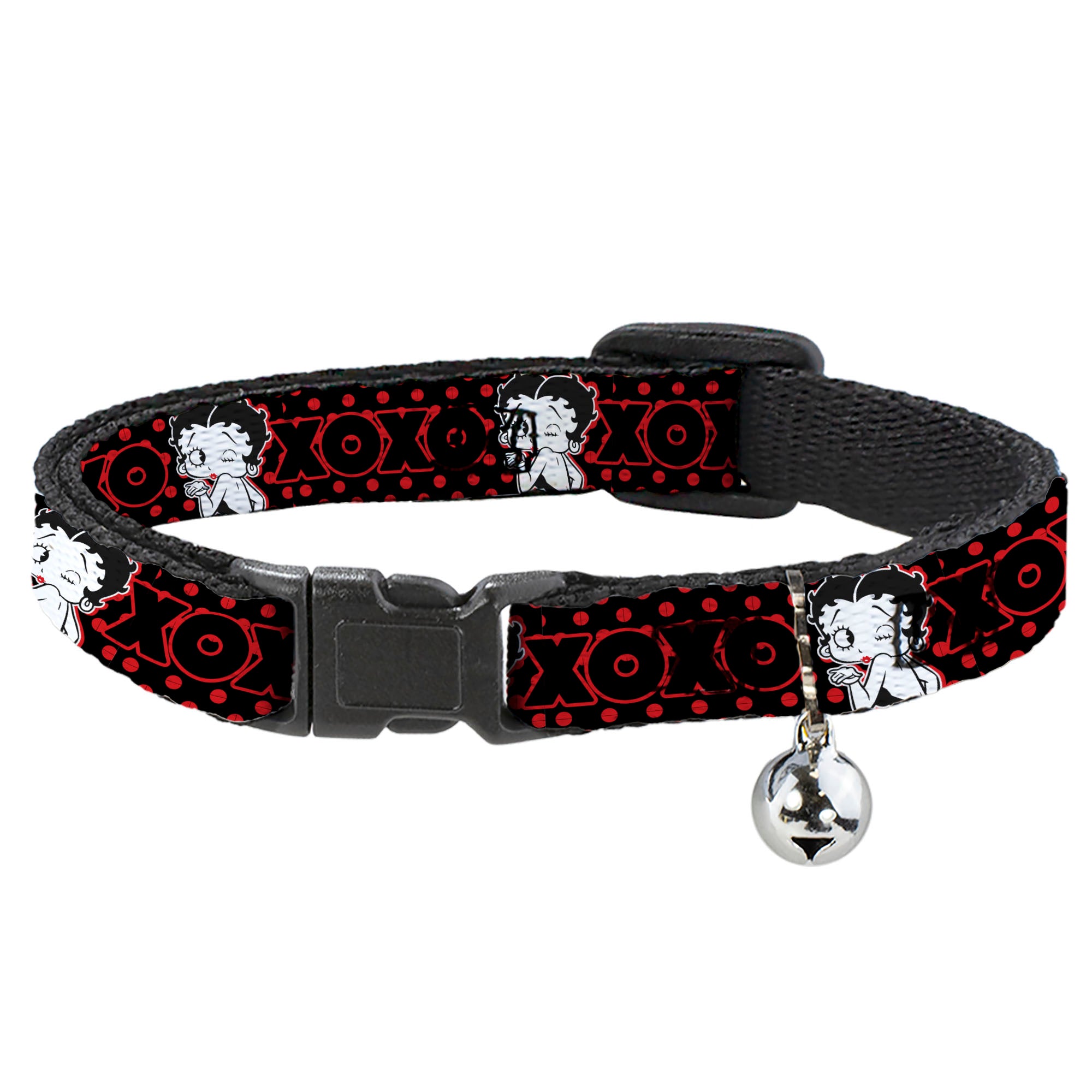 Breakaway Cat Collar with Bell - Betty Boop Winking Kiss Pose with XOXO Text Polka Dot Black/Red/White Breakaway Cat Collars Betty Boop