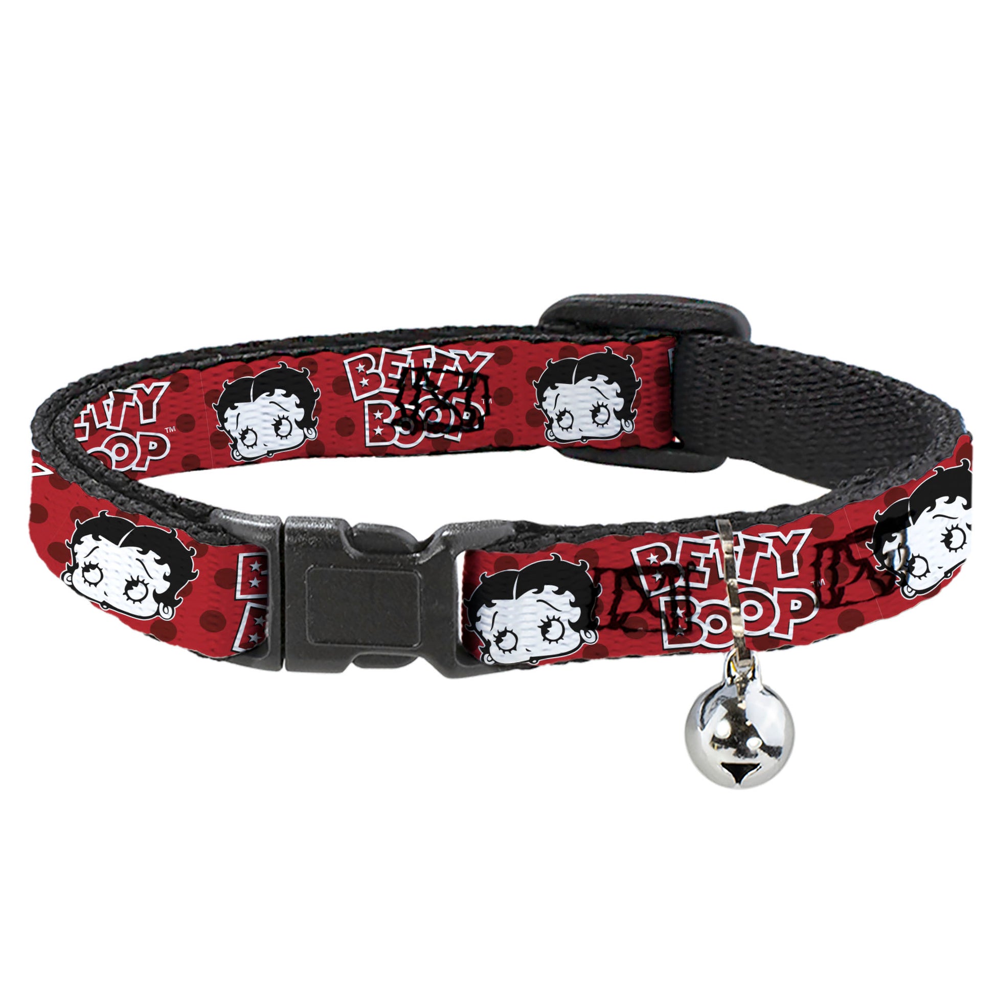 Breakaway Cat Collar with Bell - BETTY BOOP Face and Text Polka Dot Reds/Black/White Breakaway Cat Collars Betty Boop