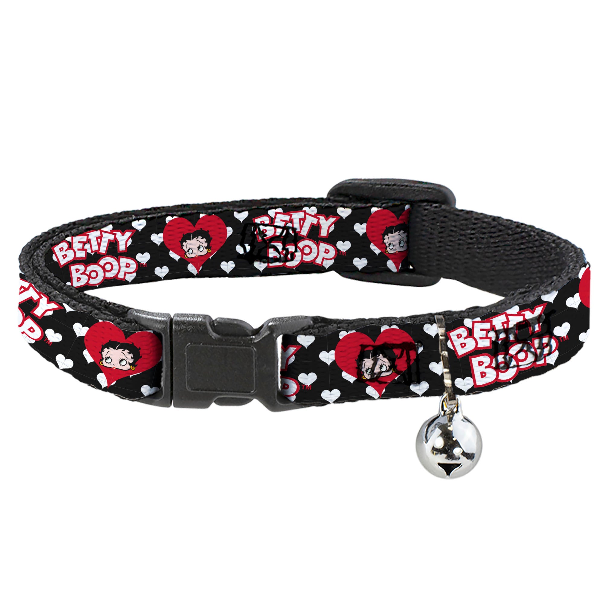 Breakaway Cat Collar with Bell - BETTY BOOP Face and Text Hearts Black/White/Red Breakaway Cat Collars Betty Boop