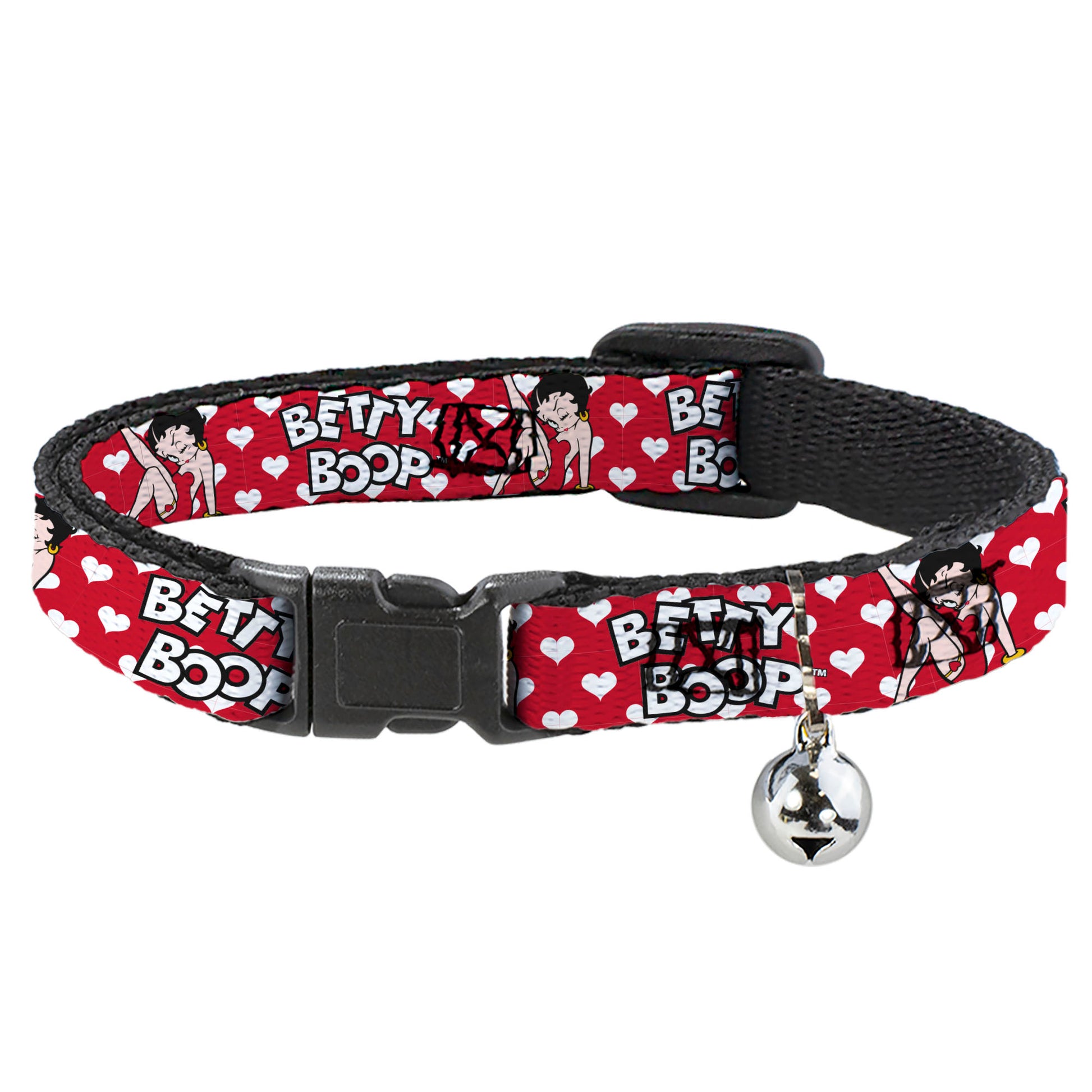 Breakaway Cat Collar with Bell - BETTY BOOP Seated Leg Kick Pose and Text Hearts Red/White/Black Breakaway Cat Collars Betty Boop