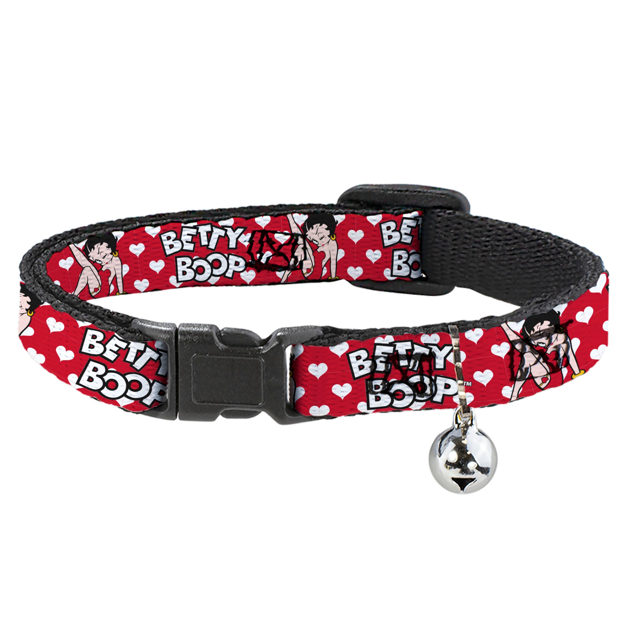 Breakaway Cat Collar with Bell - BETTY BOOP Seated Leg Kick Pose and Text Hearts Red/White/Black Breakaway Cat Collars Betty Boop