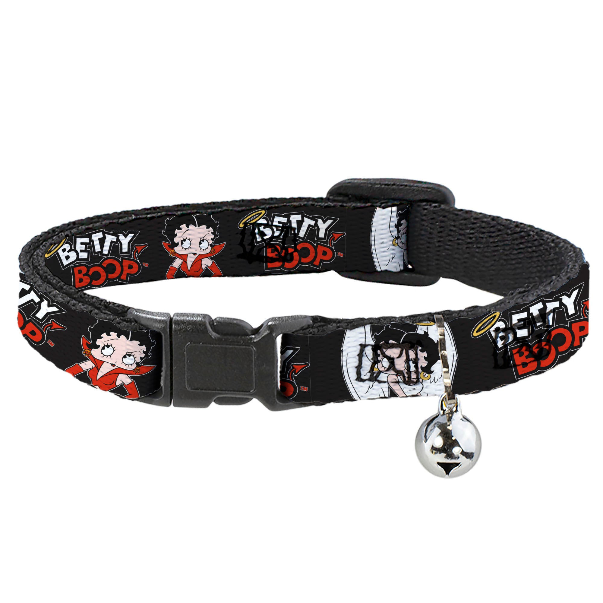 Breakaway Cat Collar with Bell - BETTY BOOP Angel and Devil Poses with Text Black/White/Red Breakaway Cat Collars Betty Boop