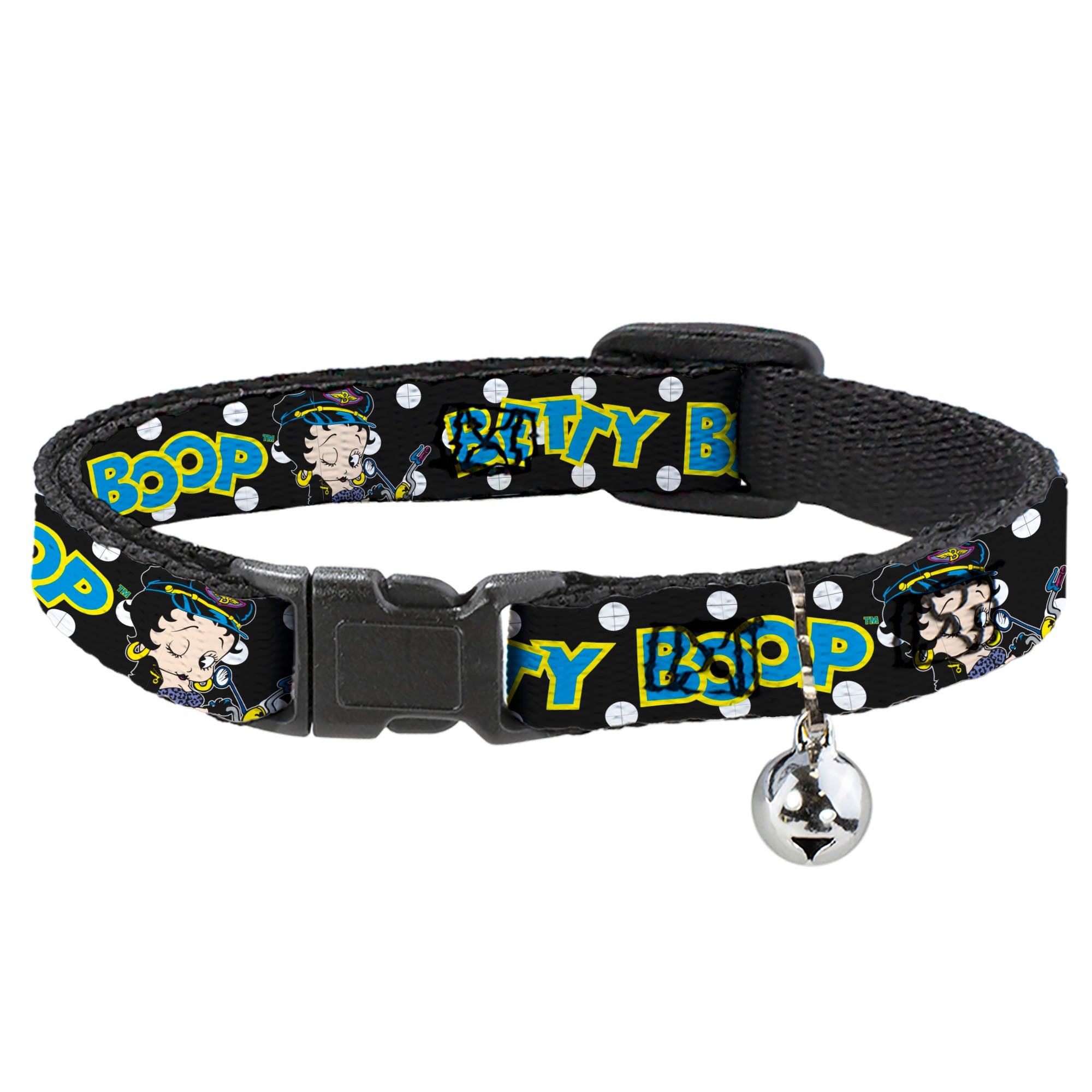 Breakaway Cat Collar with Bell - BETTY BOOP Biker Betty Winking and Text Polka Dot Black/White/Yellow/Blue Breakaway Cat Collars Betty Boop