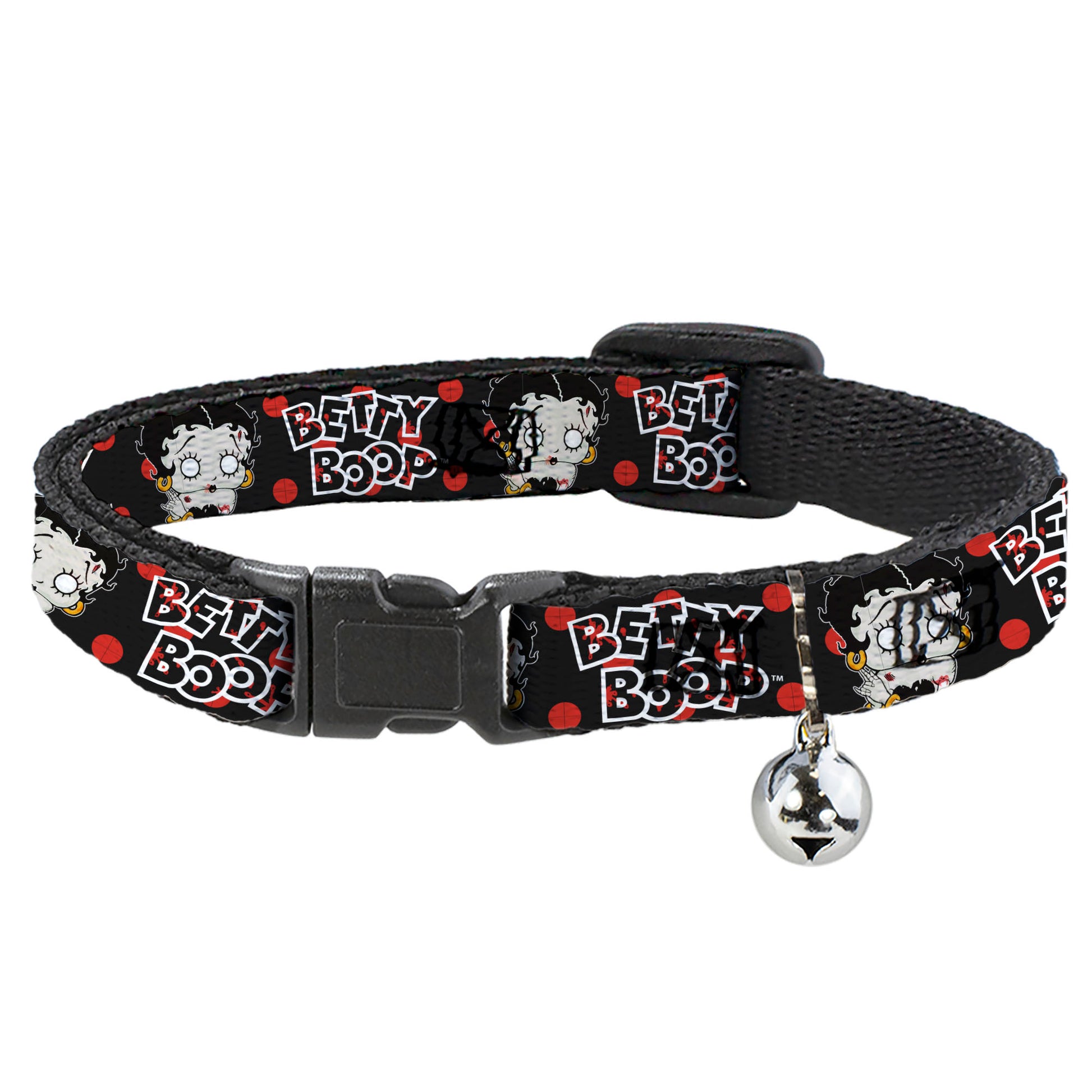 Breakaway Cat Collar with Bell - BETTY BOOP Zombie Betty and Text Polka Dot Black/Red/White Breakaway Cat Collars Betty Boop