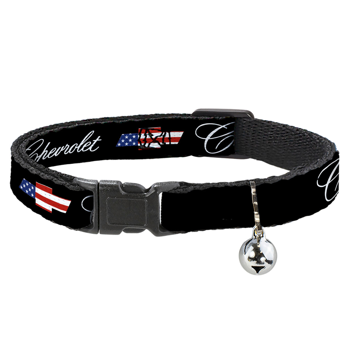 Breakaway Cat Collar with Bell - CHEVROLET Script and Americana Bowtie Black Cat Collars Breakaway Side Release Chevrolet