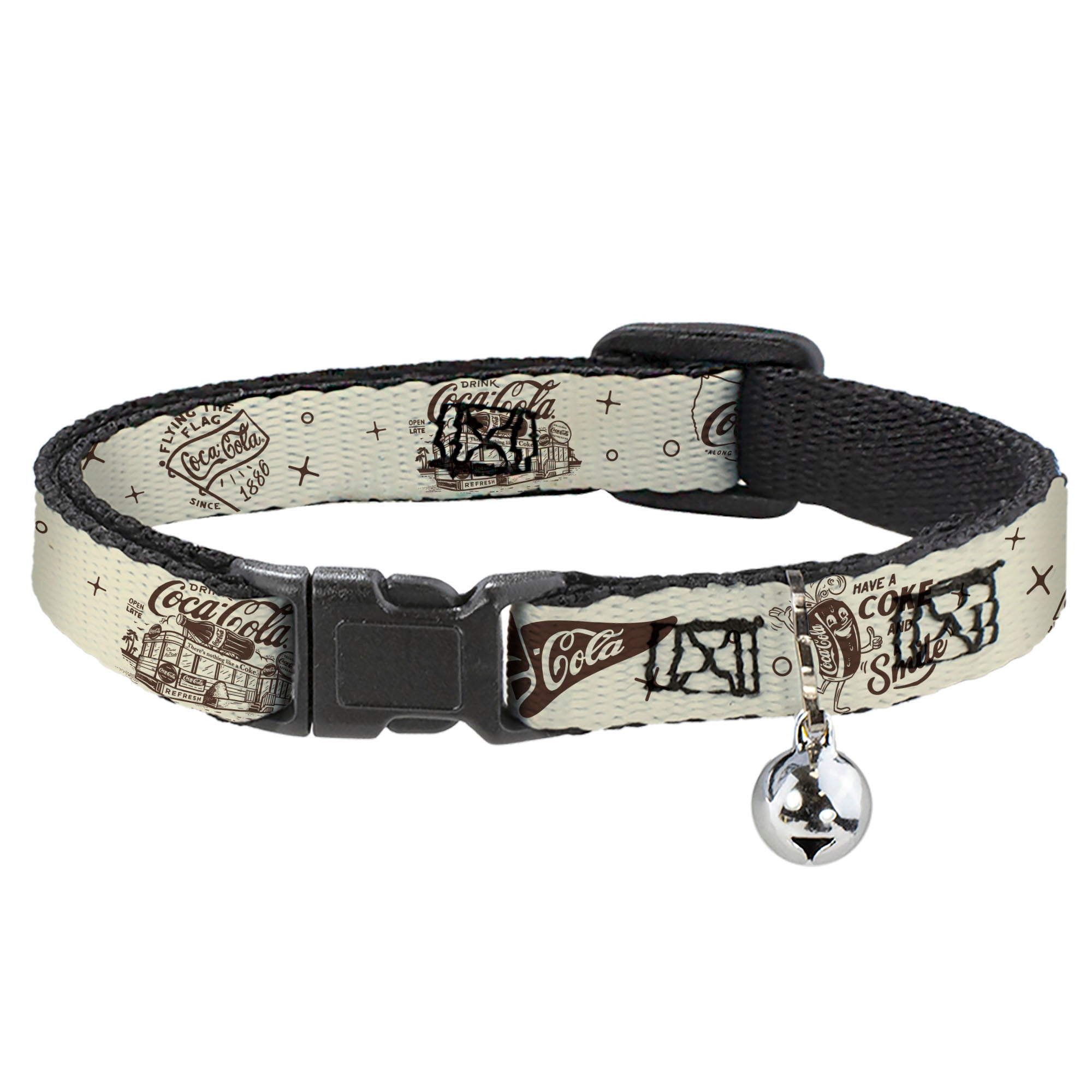 Breakaway Cat Collar with Bell - Vintage Coca-Cola Coke Icons and Ad Logos White/Brown Breakaway Cat Collars Coca-Cola