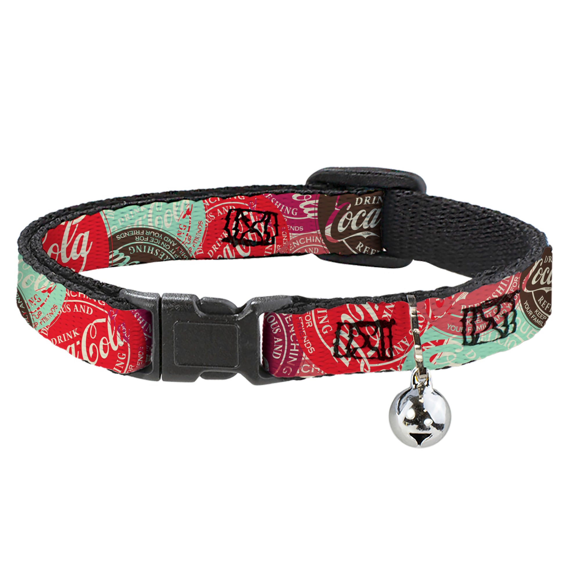 Breakaway Cat Collar with Bell - DRINK COCA-COLA Coke Patches Stacked Reds/Multi Color Breakaway Cat Collars Coca-Cola