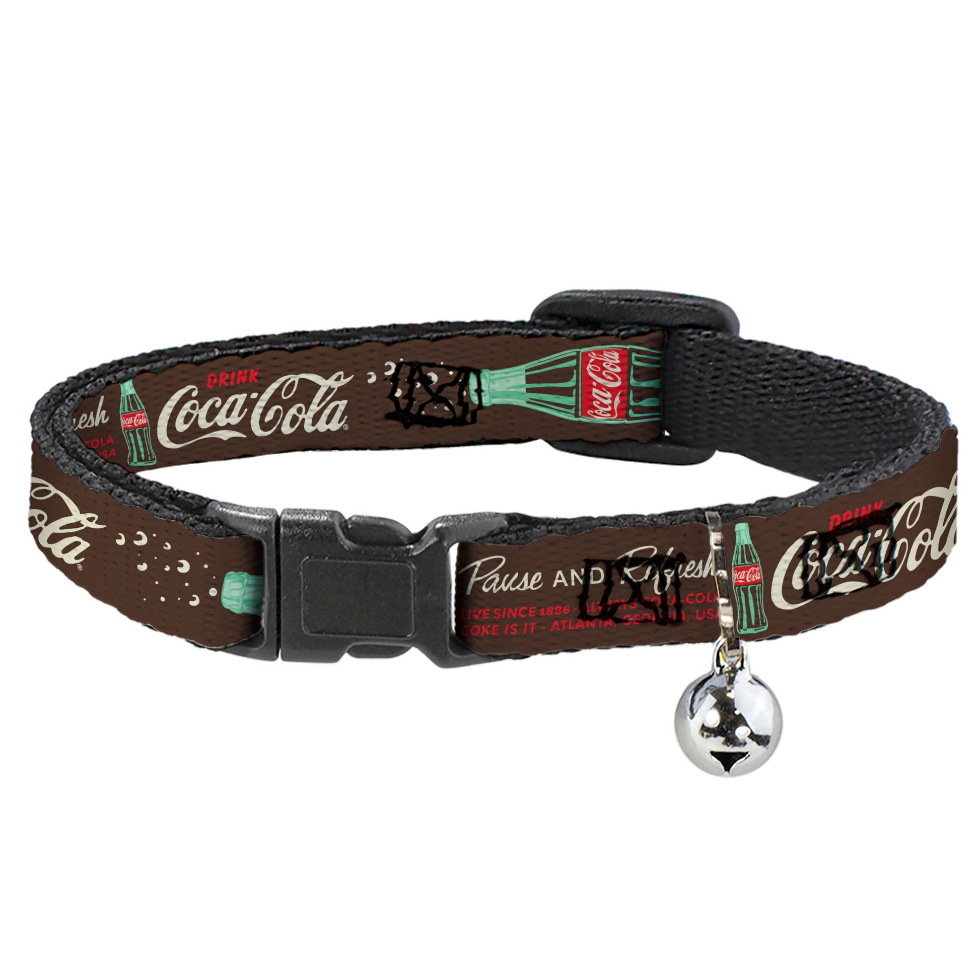 Breakaway Cat Collar with Bell - Coca-Cola PAUSE AND REFRESH Typography and Bottle Brown/Red/White Breakaway Cat Collars Coca-Cola