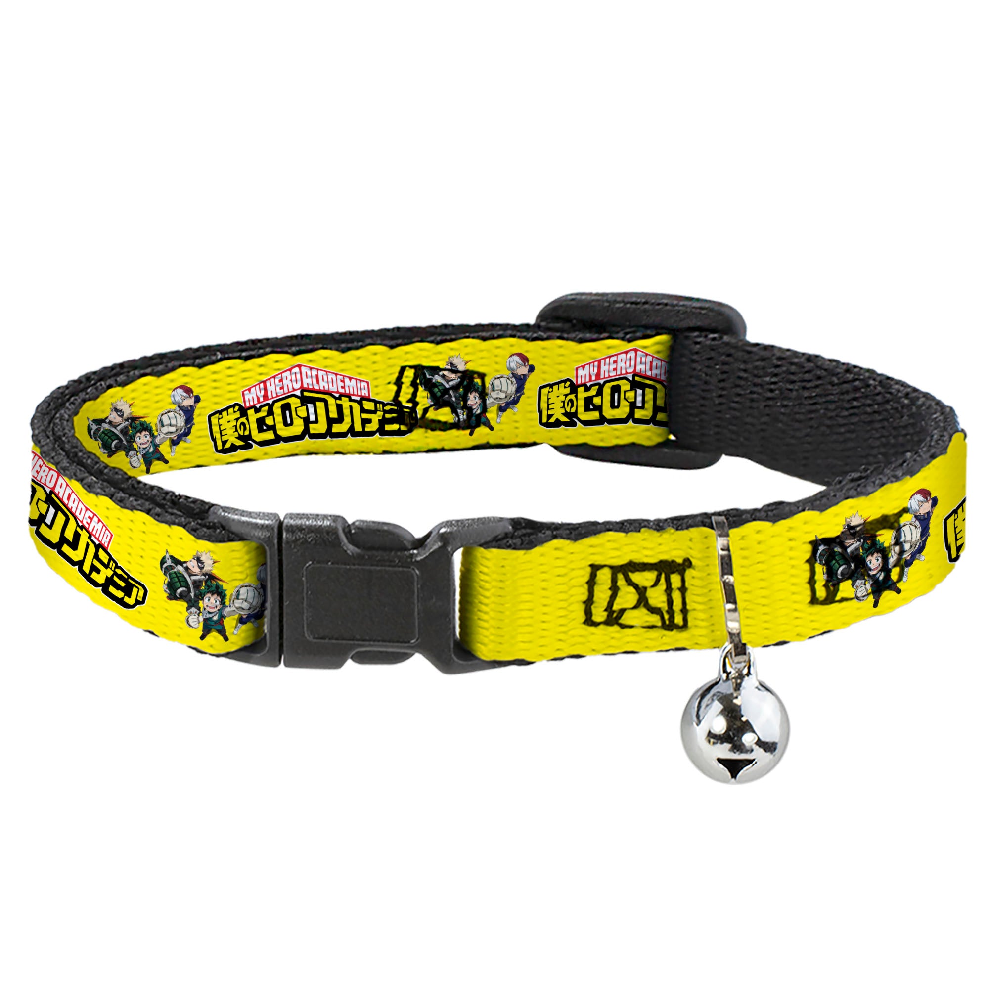 Breakaway Cat Collar with Bell - MY HERO ACADEMIA Character Trio Pose and Title Logo Yellow Breakaway Cat Collars My Hero Academia