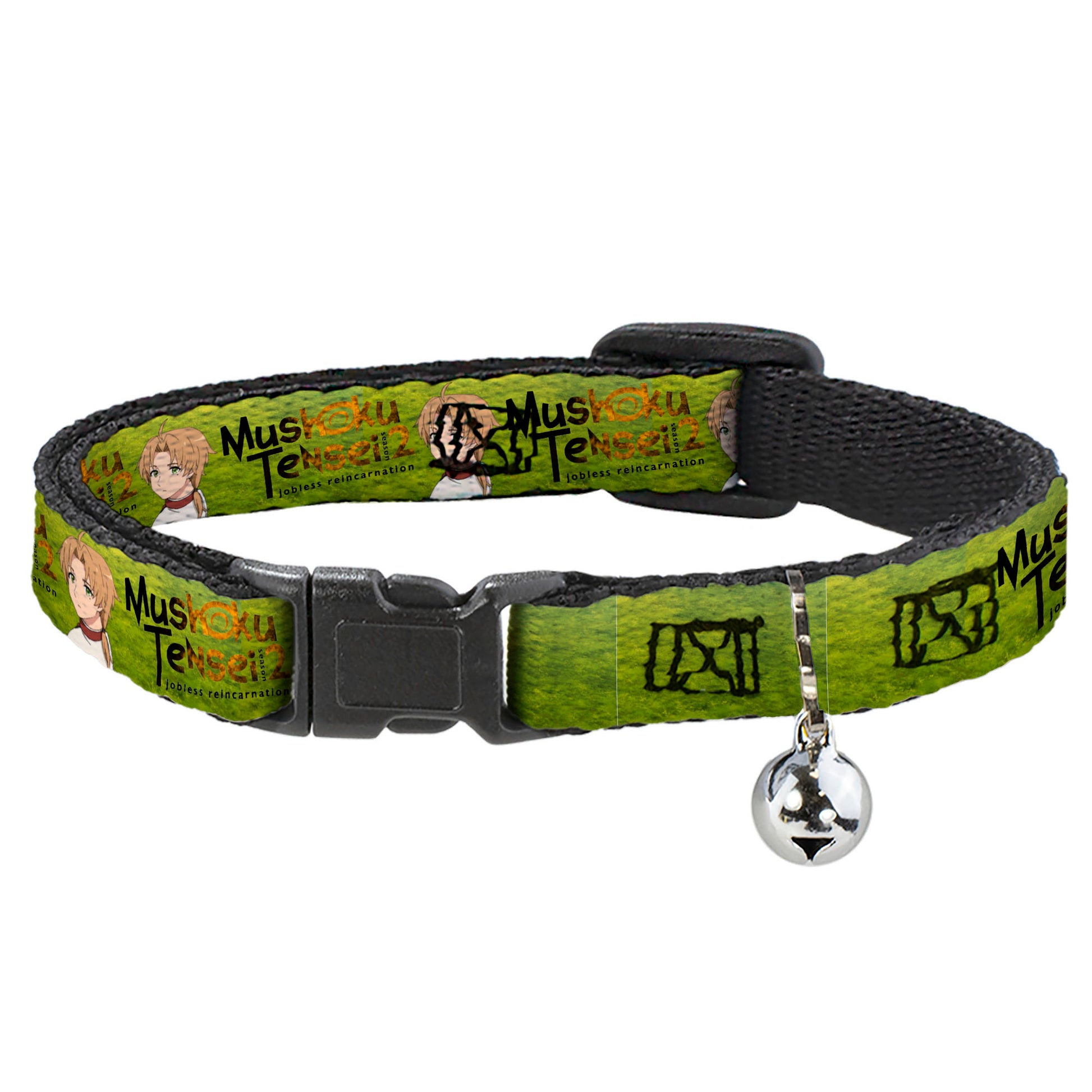 Breakaway Cat Collar with Bell - MUSHOKU TENSEI Rudeus Greyrat Pose and Title Logo Green Breakaway Cat Collars Mushoku Tensei Jobless Reincarnation