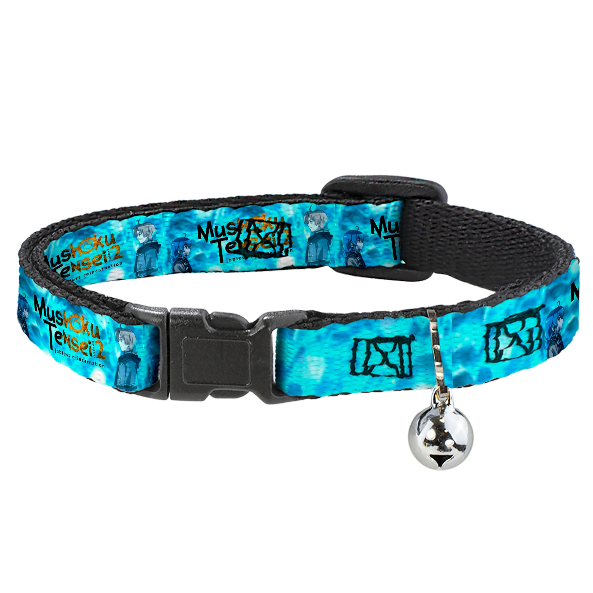 Breakaway Cat Collar with Bell - MUSHOKU TENSEI Rudeus and Roxy Pose and Title Logo Blues Breakaway Cat Collars Mushoku Tensei Jobless Reincarnation