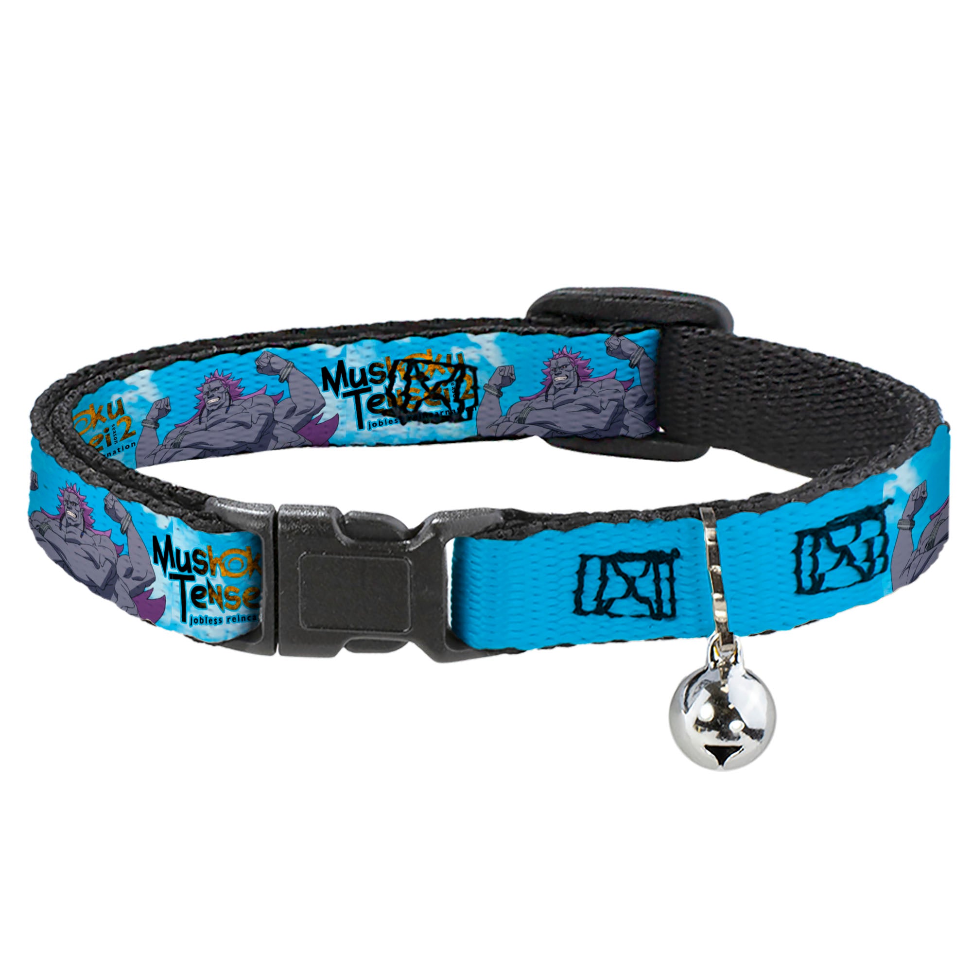 Breakaway Cat Collar with Bell - MUSHOKU TENSEI Badigadi Flex Pose and Title Logo Blue Breakaway Cat Collars Mushoku Tensei Jobless Reincarnation