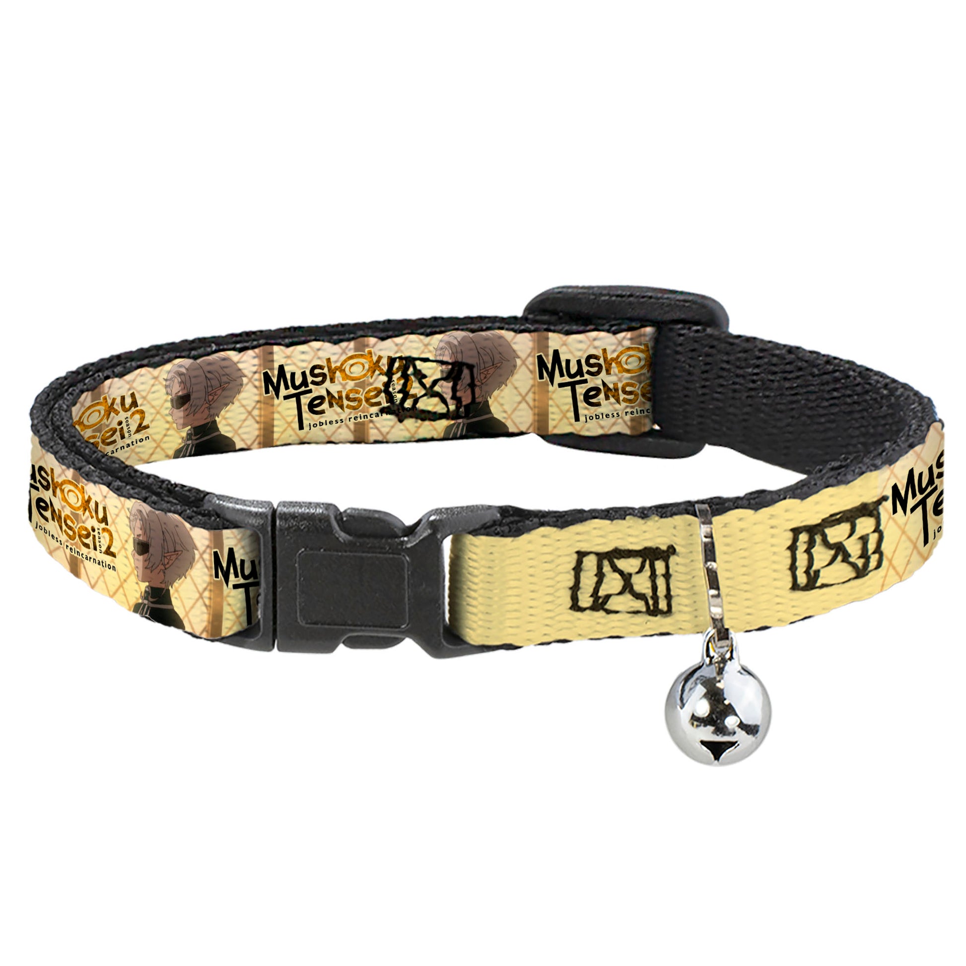 Breakaway Cat Collar with Bell - MUSHOKU TENSEI Guardian Fitz Pose and Title Logo Tan Breakaway Cat Collars Mushoku Tensei Jobless Reincarnation