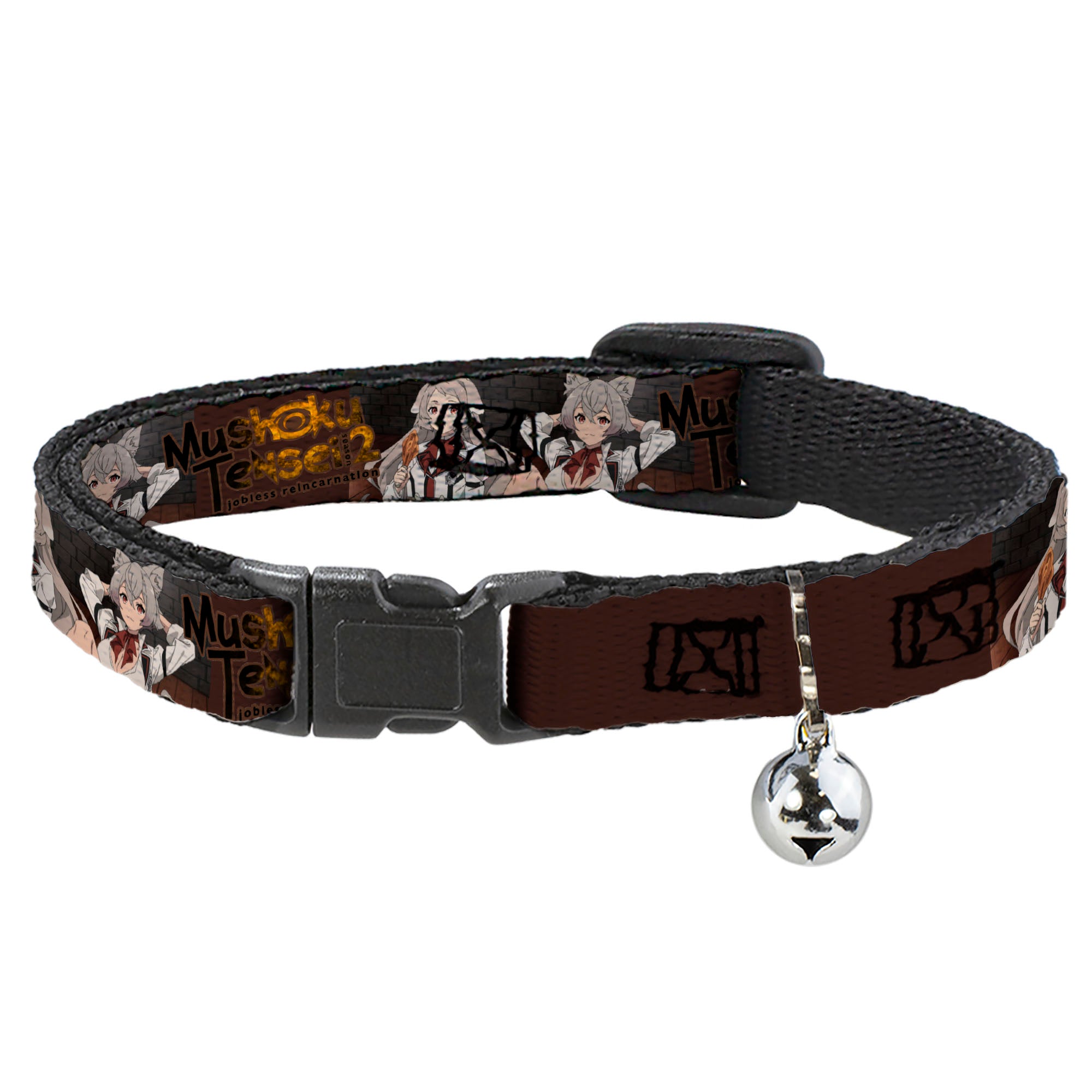 Breakaway Cat Collar with Bell - MUSHOKU TENSEI Pursena and Minitona Pose and Title Logo Brown Breakaway Cat Collars Mushoku Tensei Jobless Reincarnation