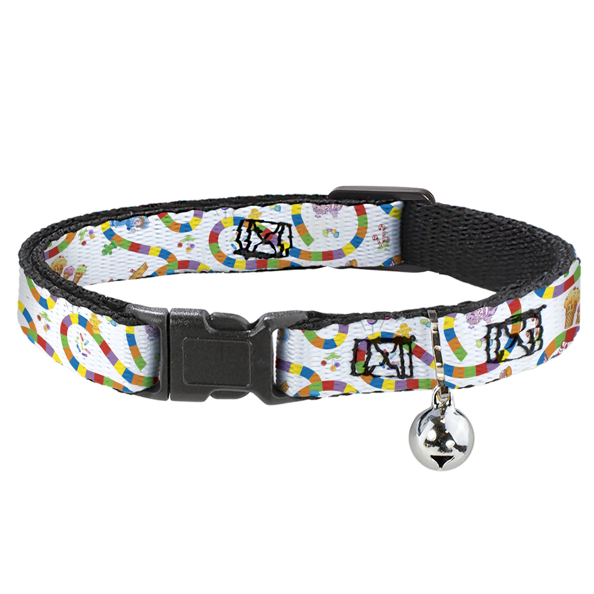 Breakaway Cat Collar with Bell - Candy Land Game Board Path Characters and Icons White/Multi Color
